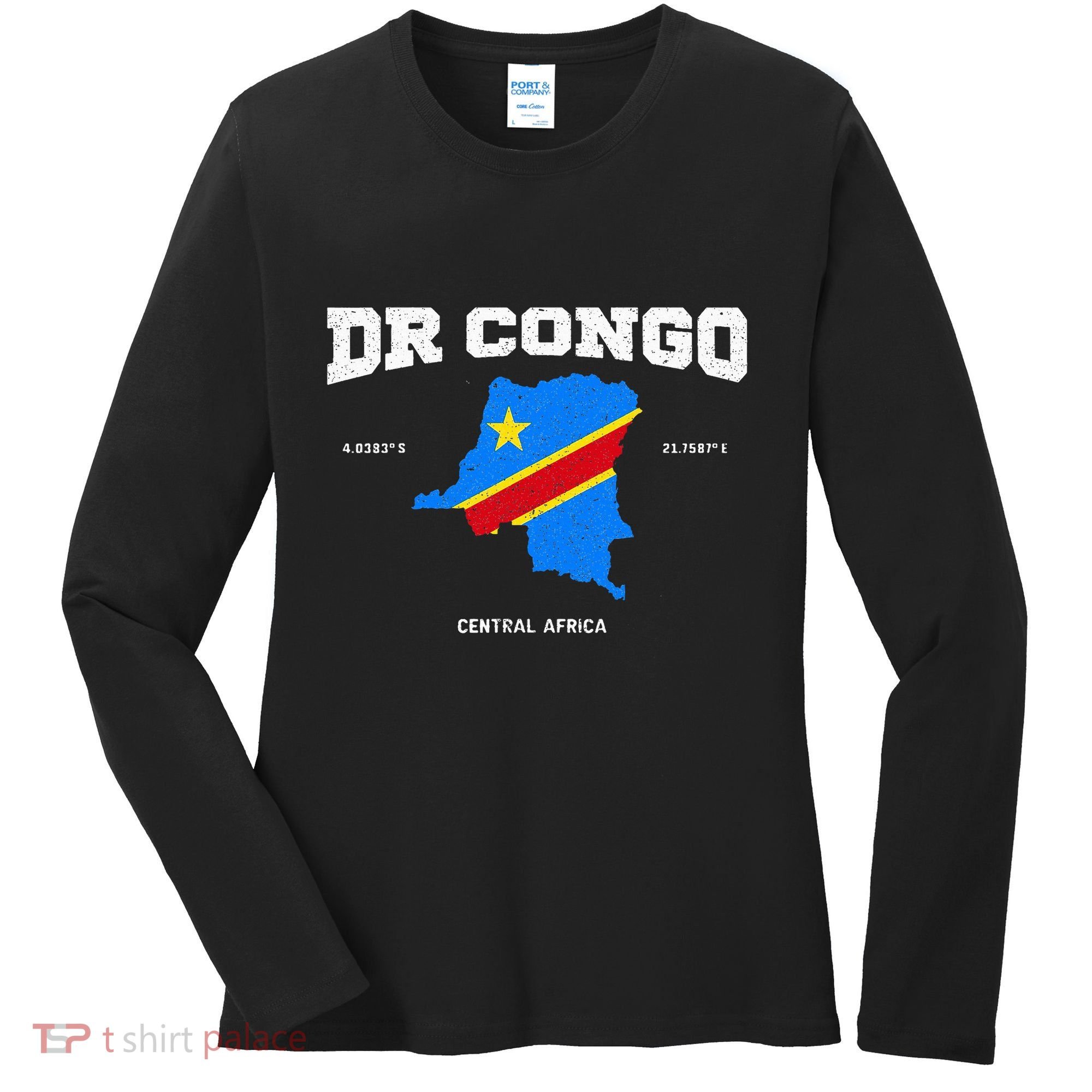 Congolese Flag And Map Dr. Congo Coordinates Women's Long Sleeve Shirt