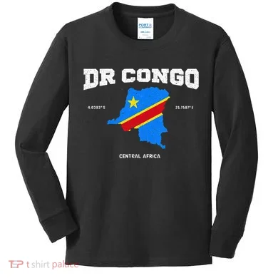Congolese Flag And Map Dr. Congo Coordinates Kids Long Sleeve Shirt