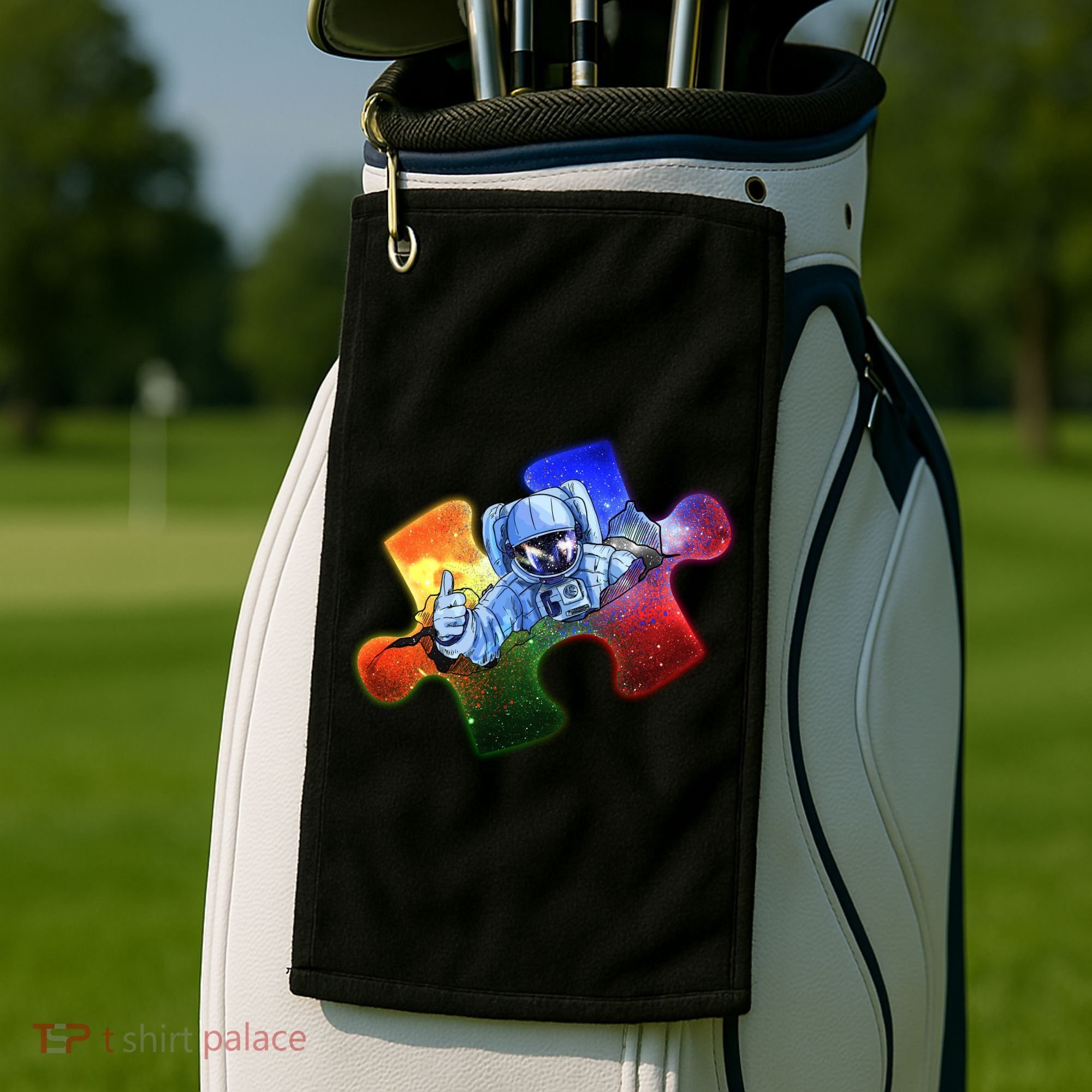 Cool Funny Autism Awareness Galaxy Puzzle Piece Astronaut Golf Towel