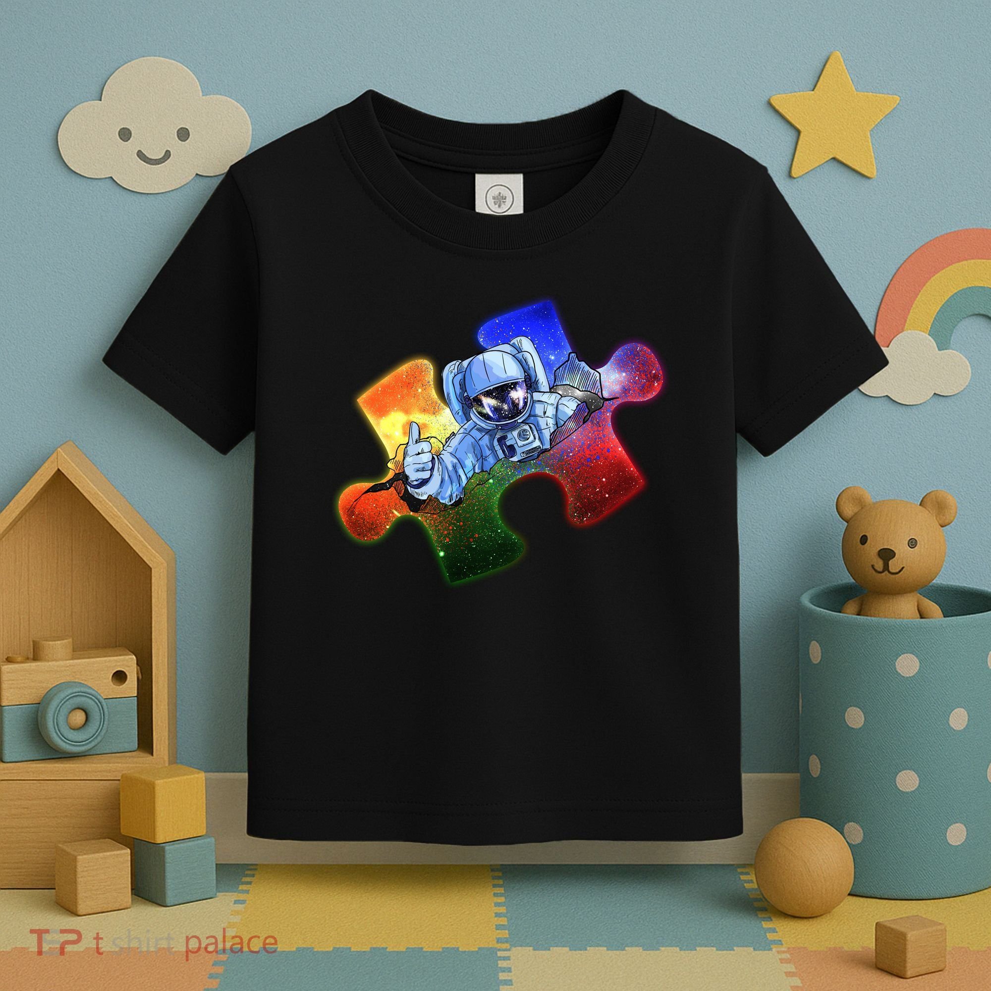 Cool Funny Autism Awareness Galaxy Puzzle Piece Astronaut Toddler T-Shirt