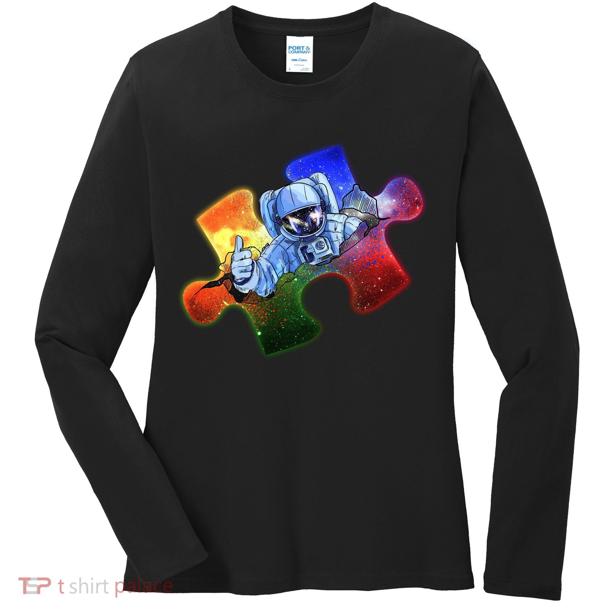 Cool Funny Autism Awareness Galaxy Puzzle Piece Astronaut Women's Long Sleeve Shirt