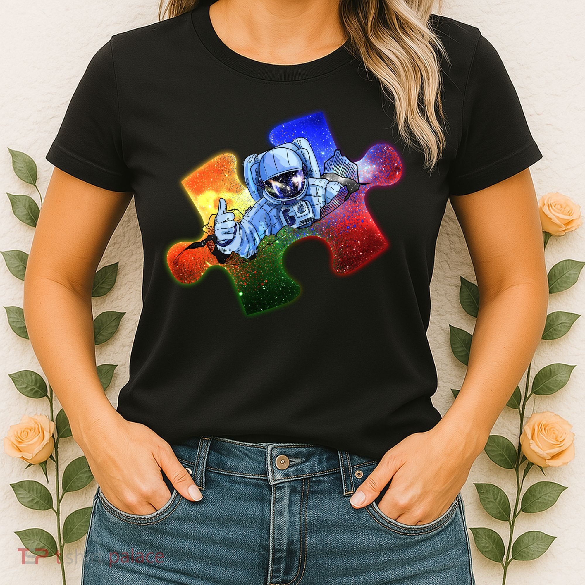 Cool Funny Autism Awareness Galaxy Puzzle Piece Astronaut Women's T-Shirt