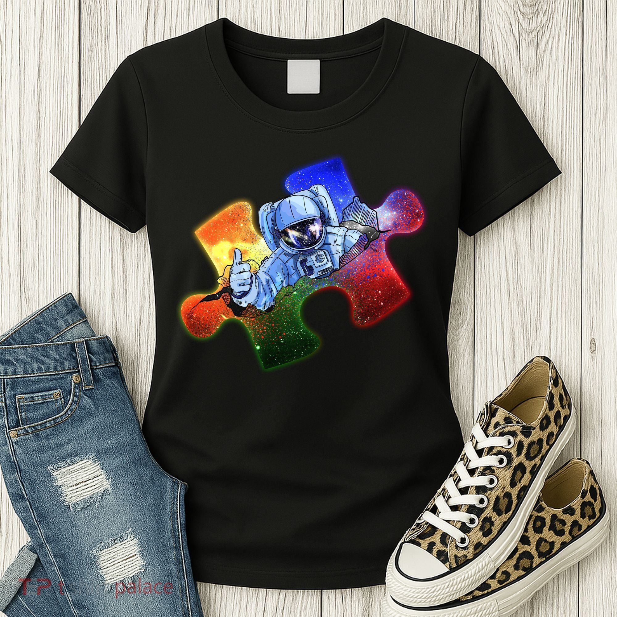 Cool Funny Autism Awareness Galaxy Puzzle Piece Astronaut Women's T-Shirt