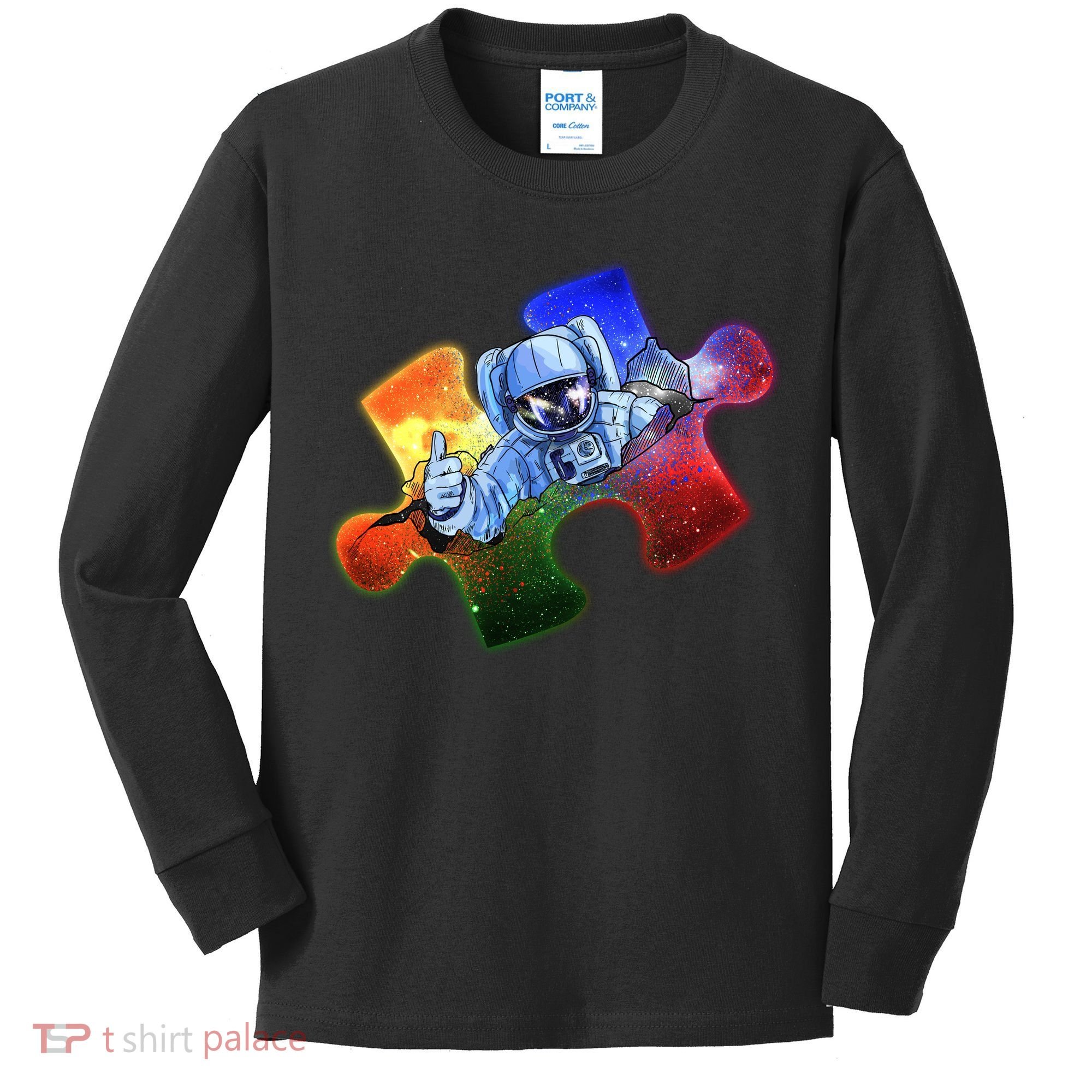 Cool Funny Autism Awareness Galaxy Puzzle Piece Astronaut Kids Long Sleeve Shirt