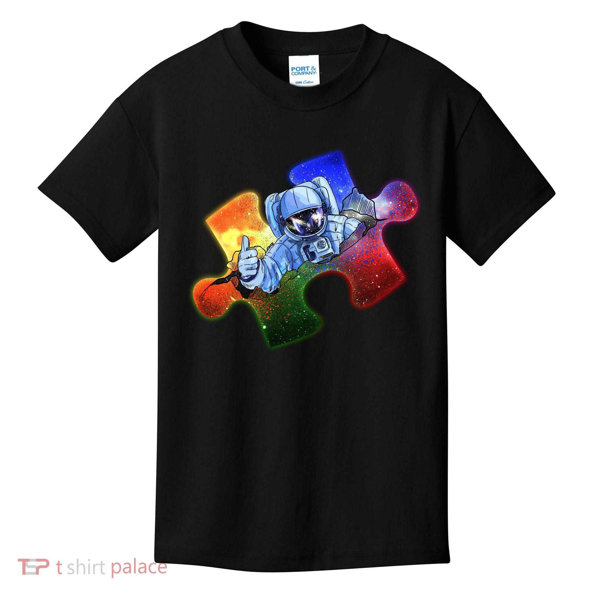Cool Funny Autism Awareness Galaxy Puzzle Piece Astronaut Kids T-Shirt