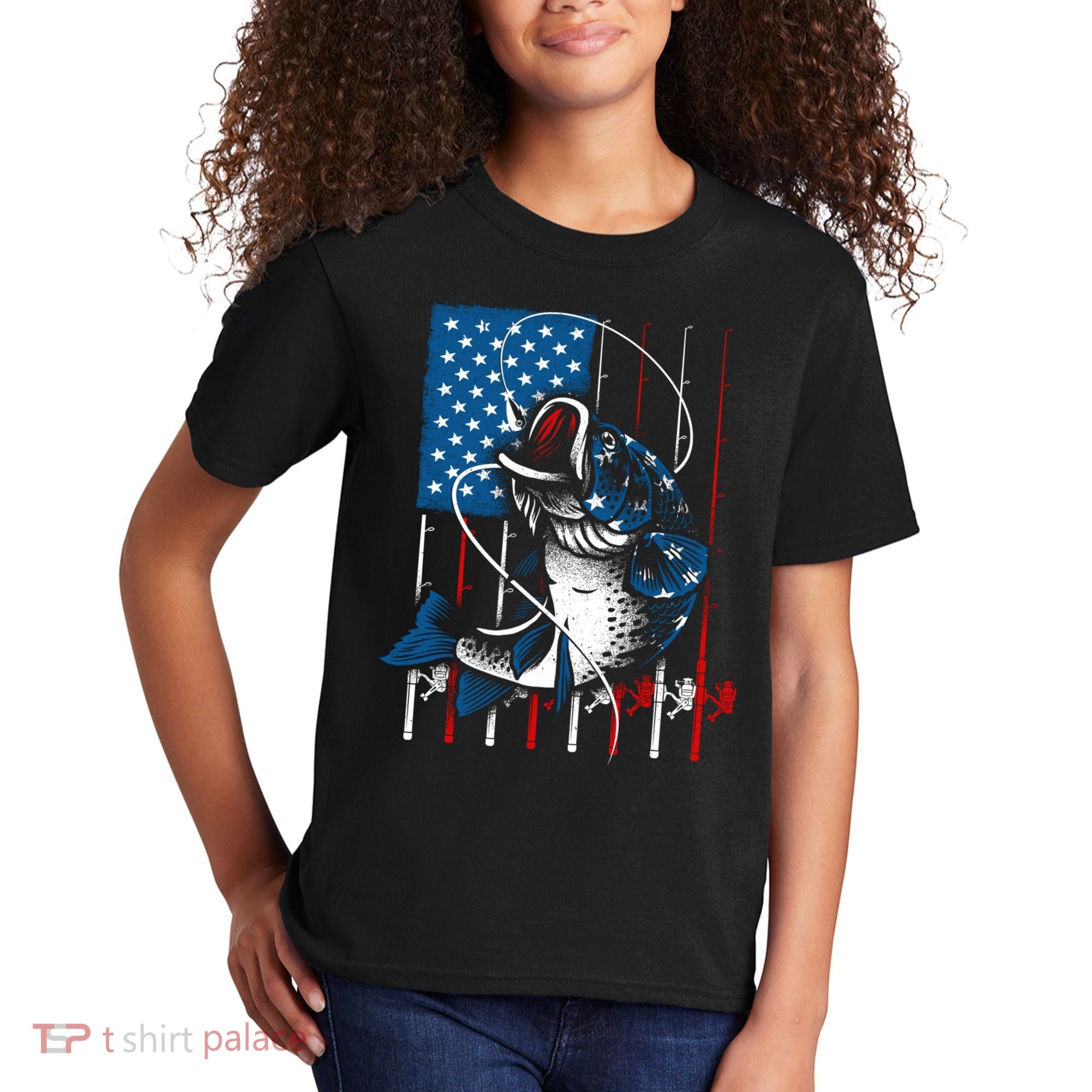 Cool Fishing American Flag Usa Fish Lover Kids T-Shirt