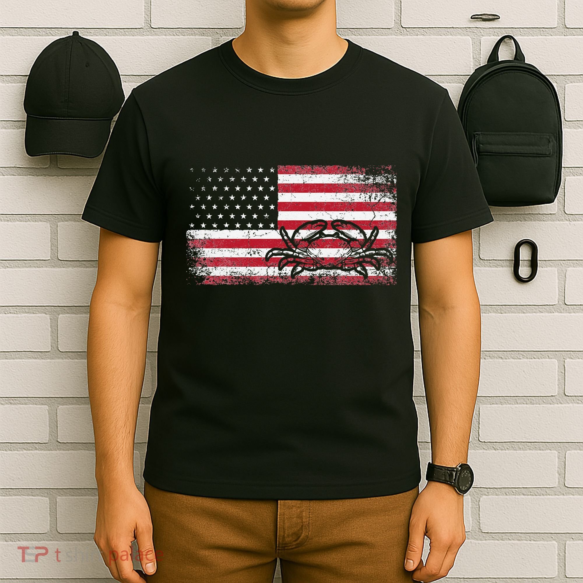 Crab Fisherman American Flag 4th of July Crabbing T-Shirt