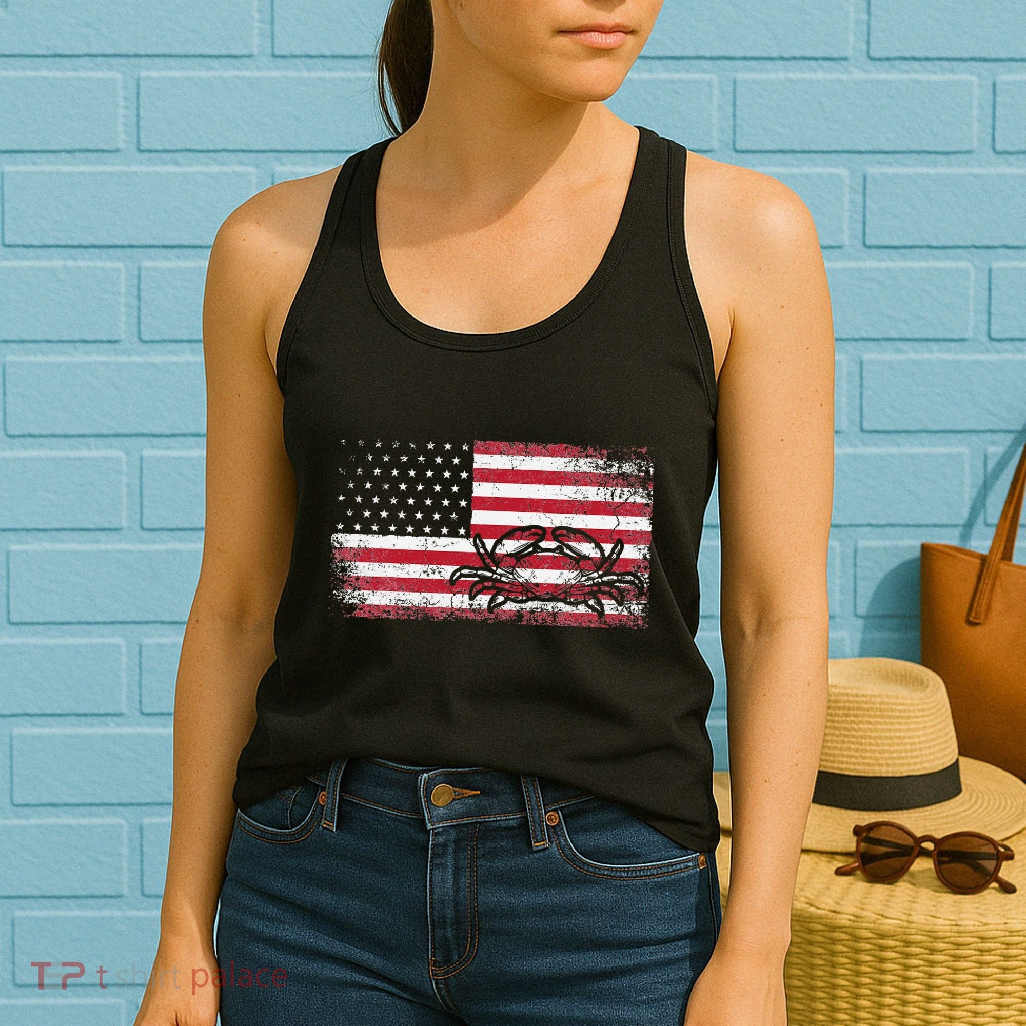 Crab Fisherman American Flag 4th of July Crabbing Women's Tank Top