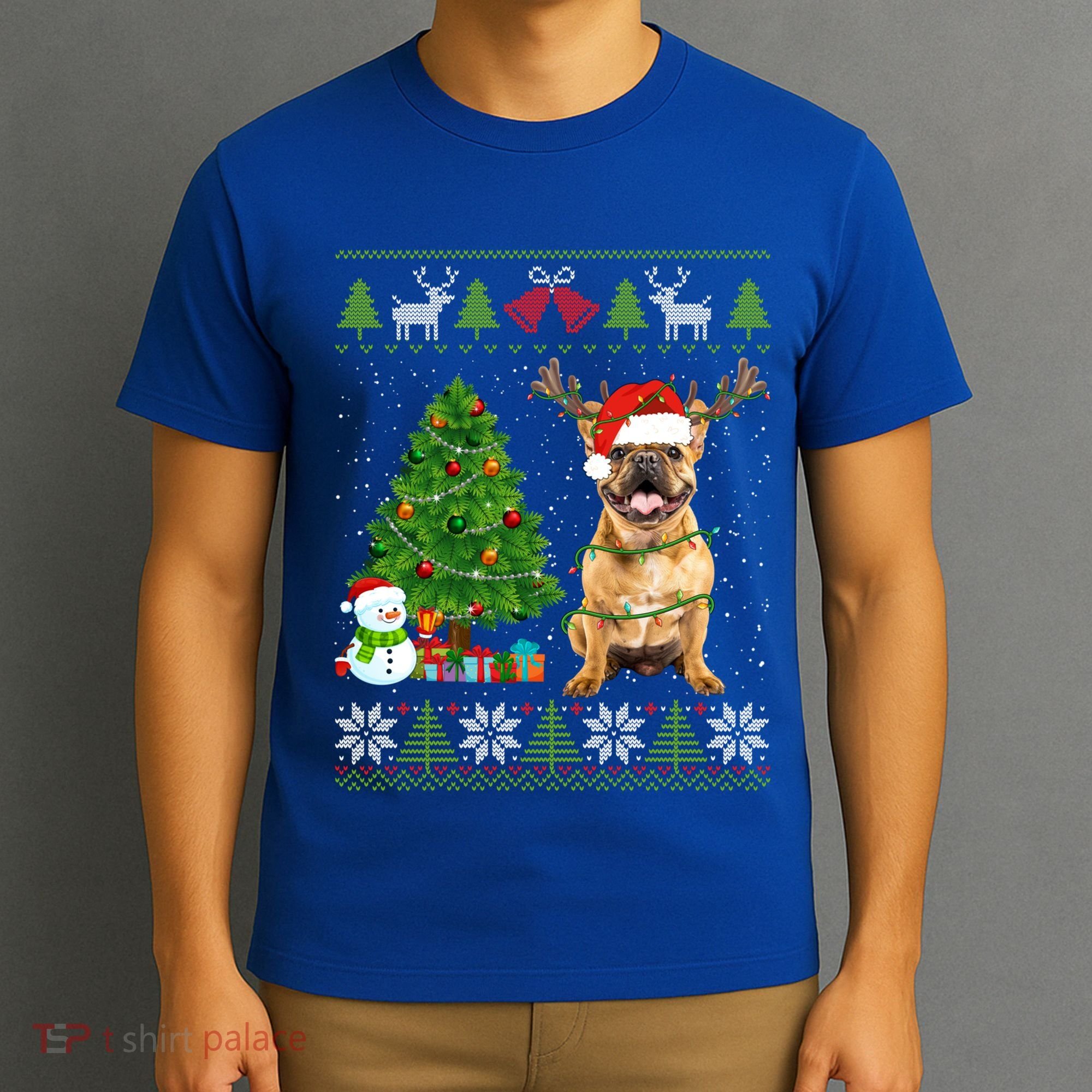Cute French Bulldog Dog Santa Hat Ugly Xmas Lights Gift T-Shirt