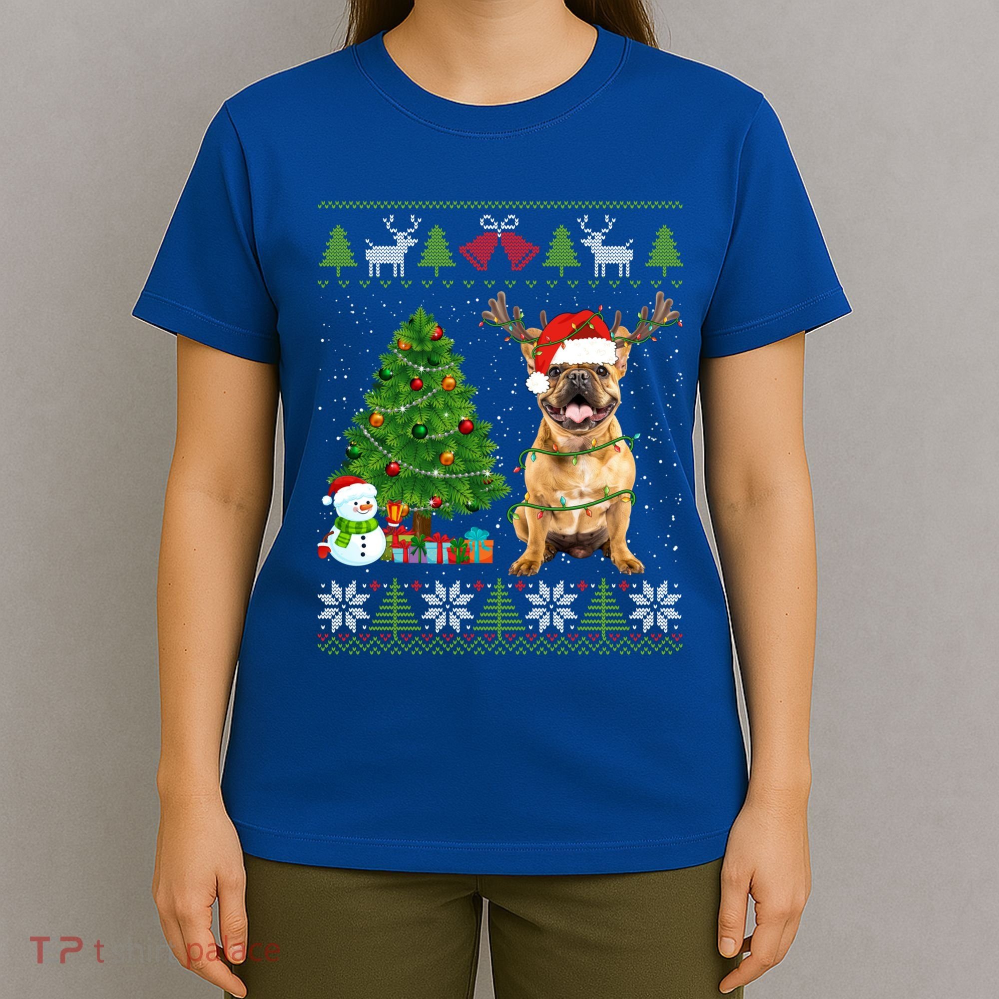 Cute French Bulldog Dog Santa Hat Ugly Xmas Lights Gift T-Shirt