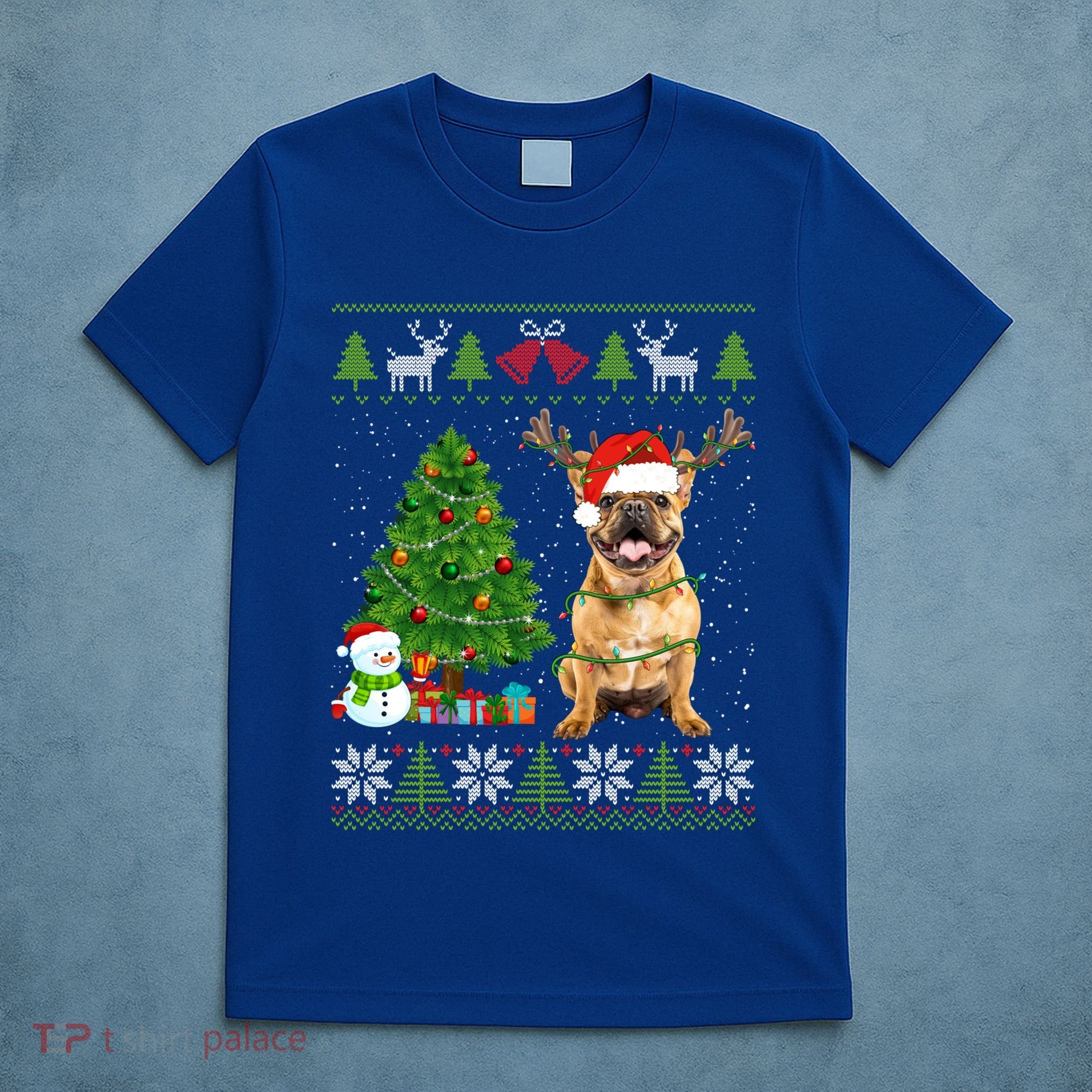 Cute French Bulldog Dog Santa Hat Ugly Xmas Lights Gift T-Shirt