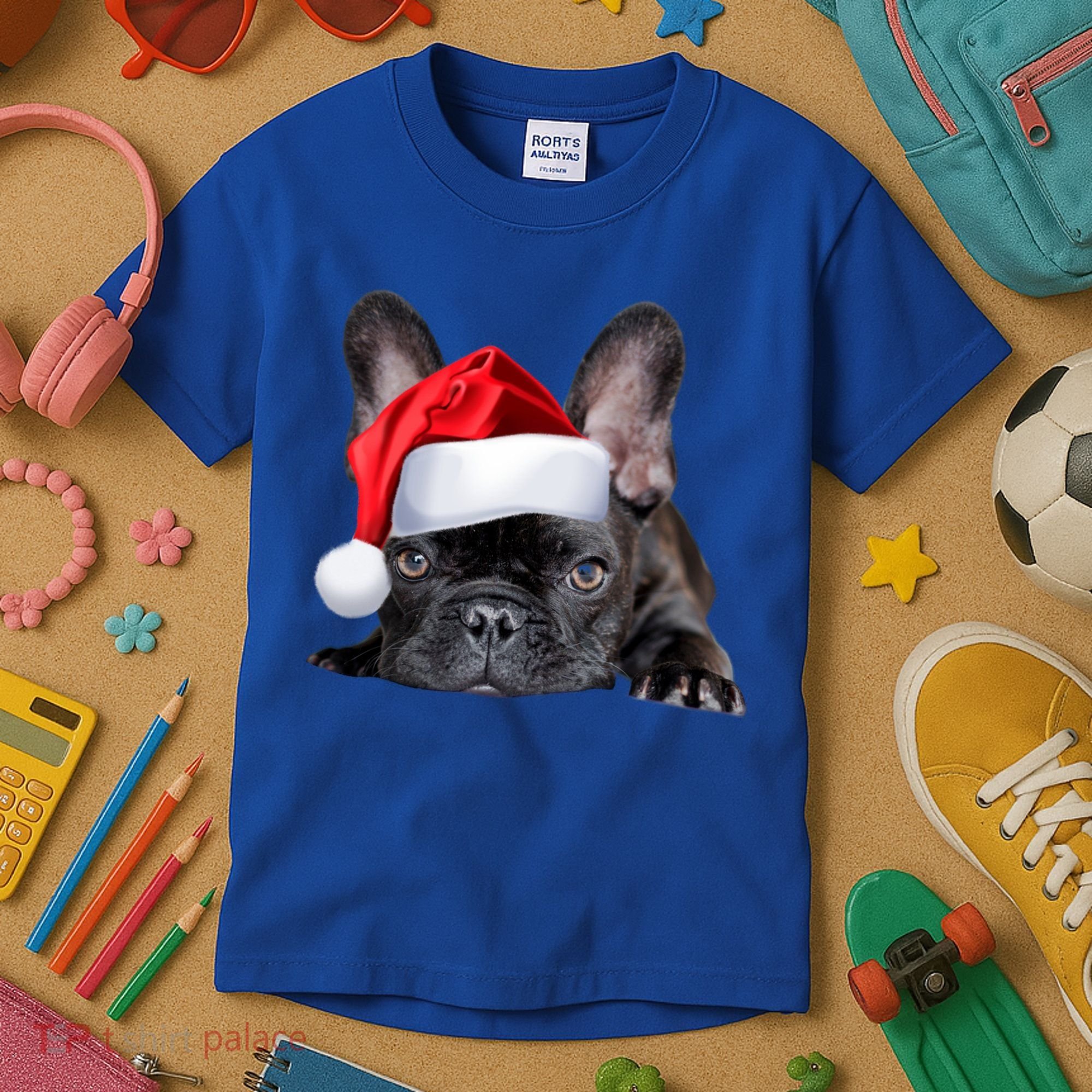 Cute French Bulldog Santa Hat Frenchie Image Christmas Gift Kids T-Shirt