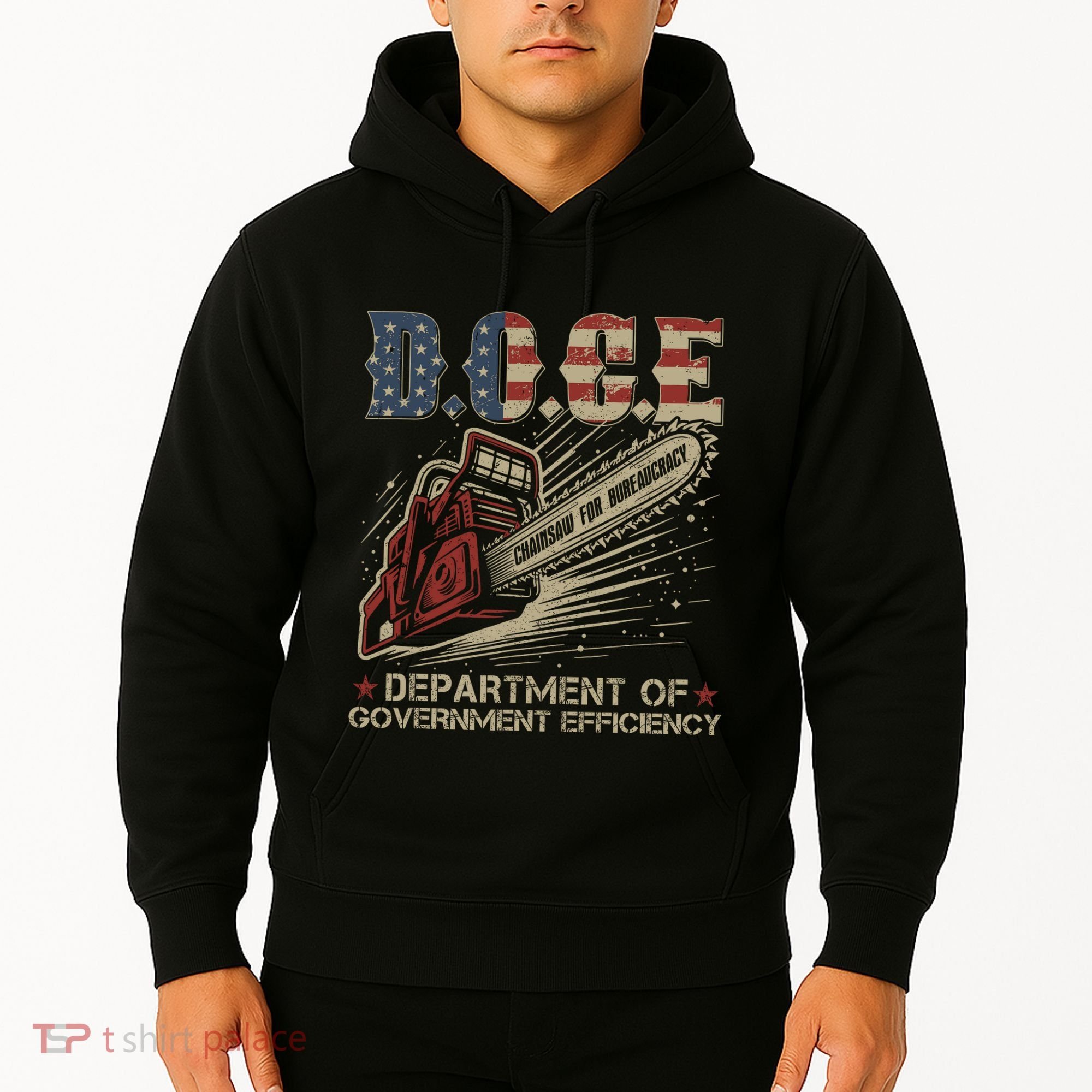 Chainsaw For Bureaucracy Funny D.O.G.E Doge Usa Flag Hoodie