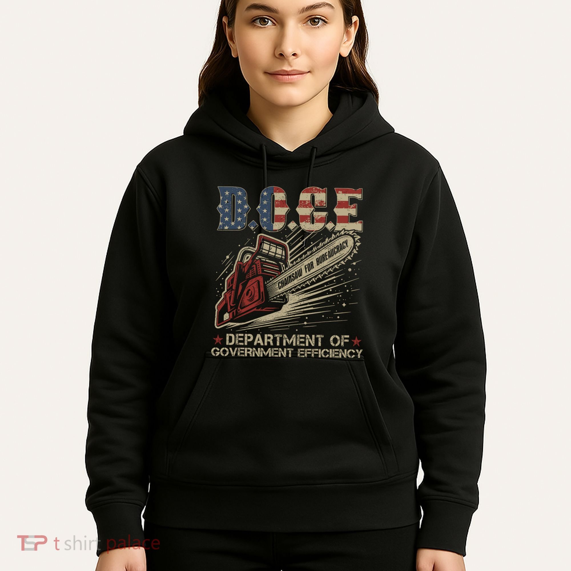 Chainsaw For Bureaucracy Funny D.O.G.E Doge Usa Flag Hoodie