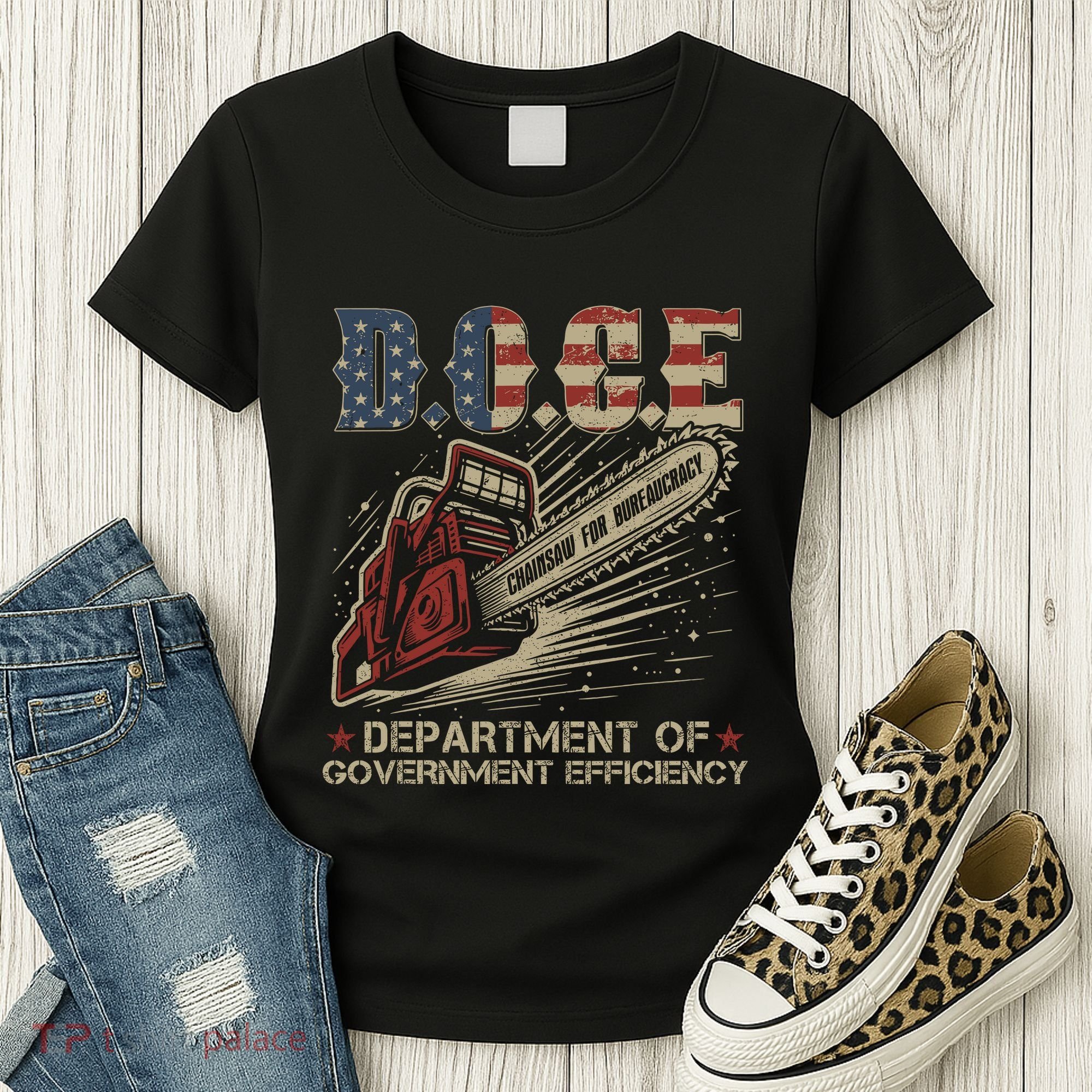 Chainsaw For Bureaucracy Funny D.O.G.E Doge Usa Flag Women's T-Shirt