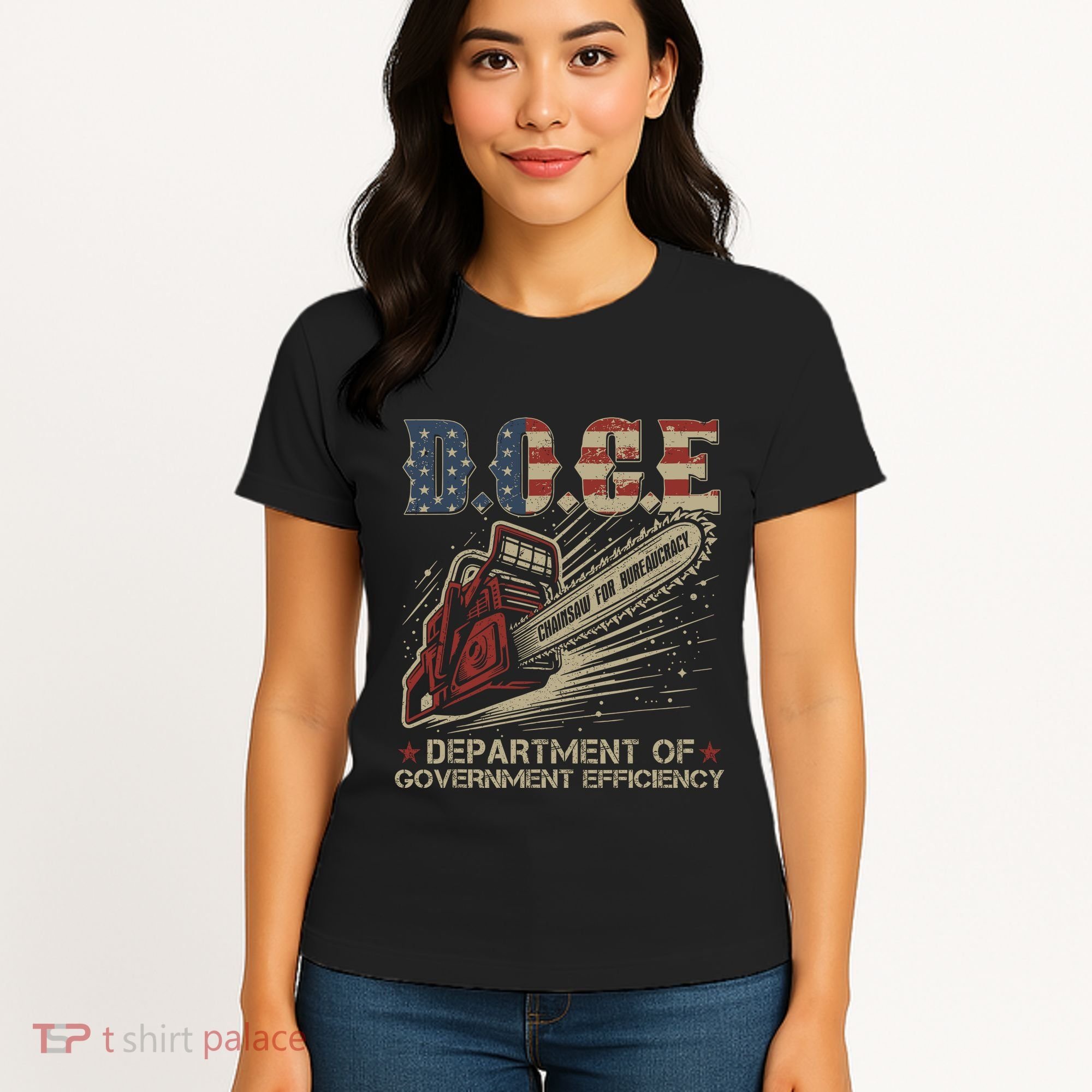 Chainsaw For Bureaucracy Funny D.O.G.E Doge Usa Flag Women's T-Shirt