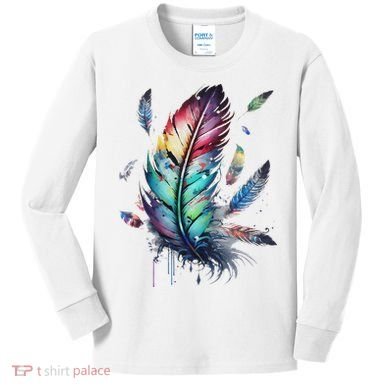 Colorful Feathers Boho Style, Bird, Native Americans, Symbol Kids Long Sleeve Shirt