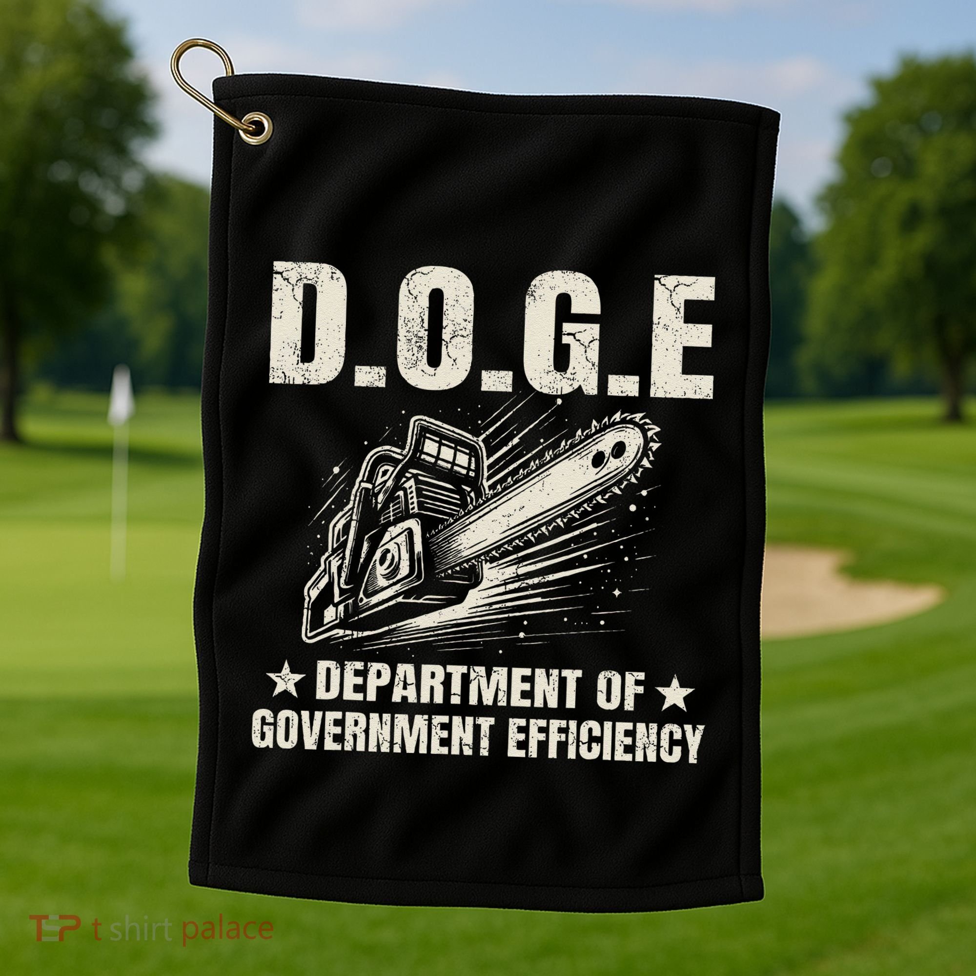 Chainsaw For Bureaucracy Funny D.O.G.E Doge Usa Flag Golf Towel