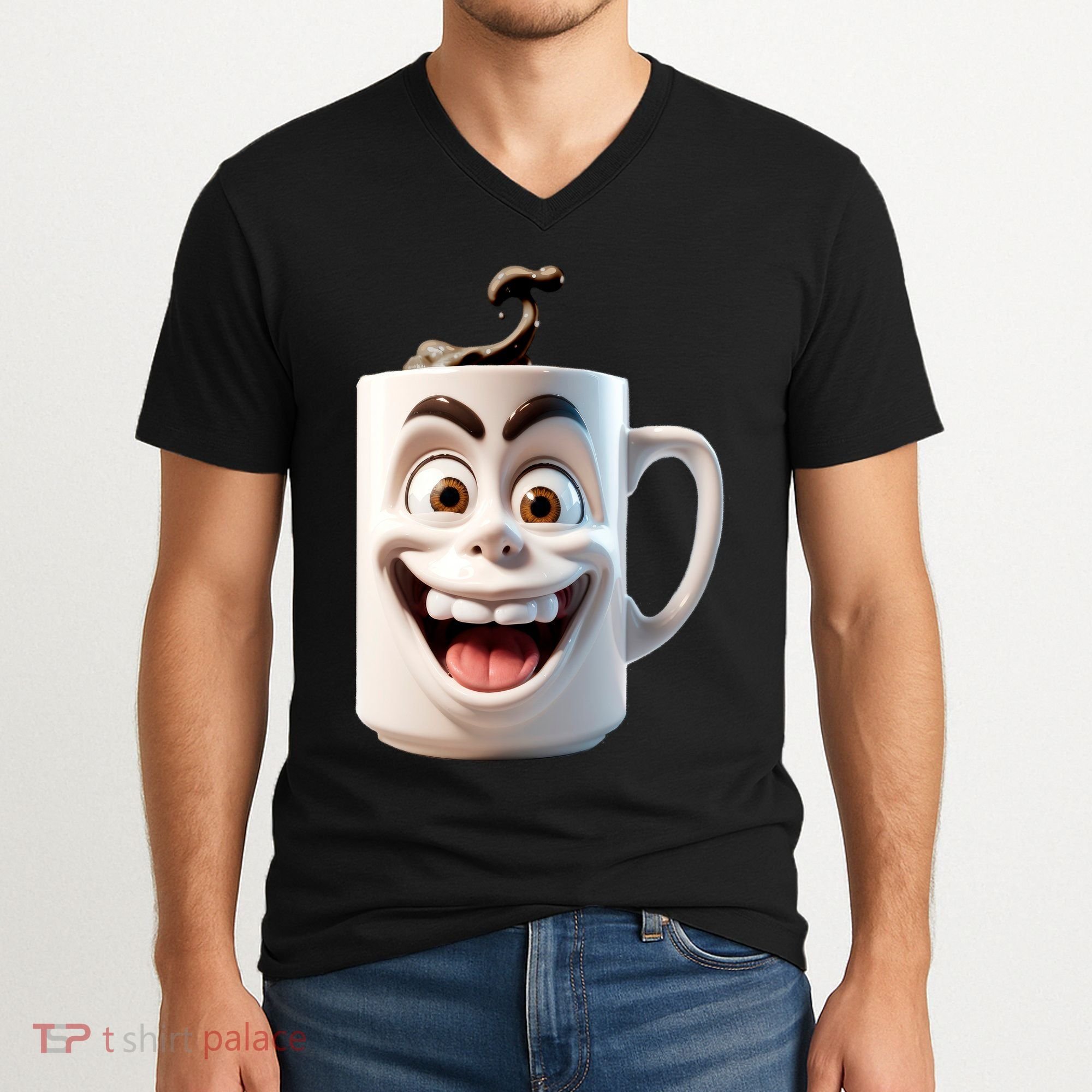 Crazy Face Coffee Character V-Neck T-Shirt