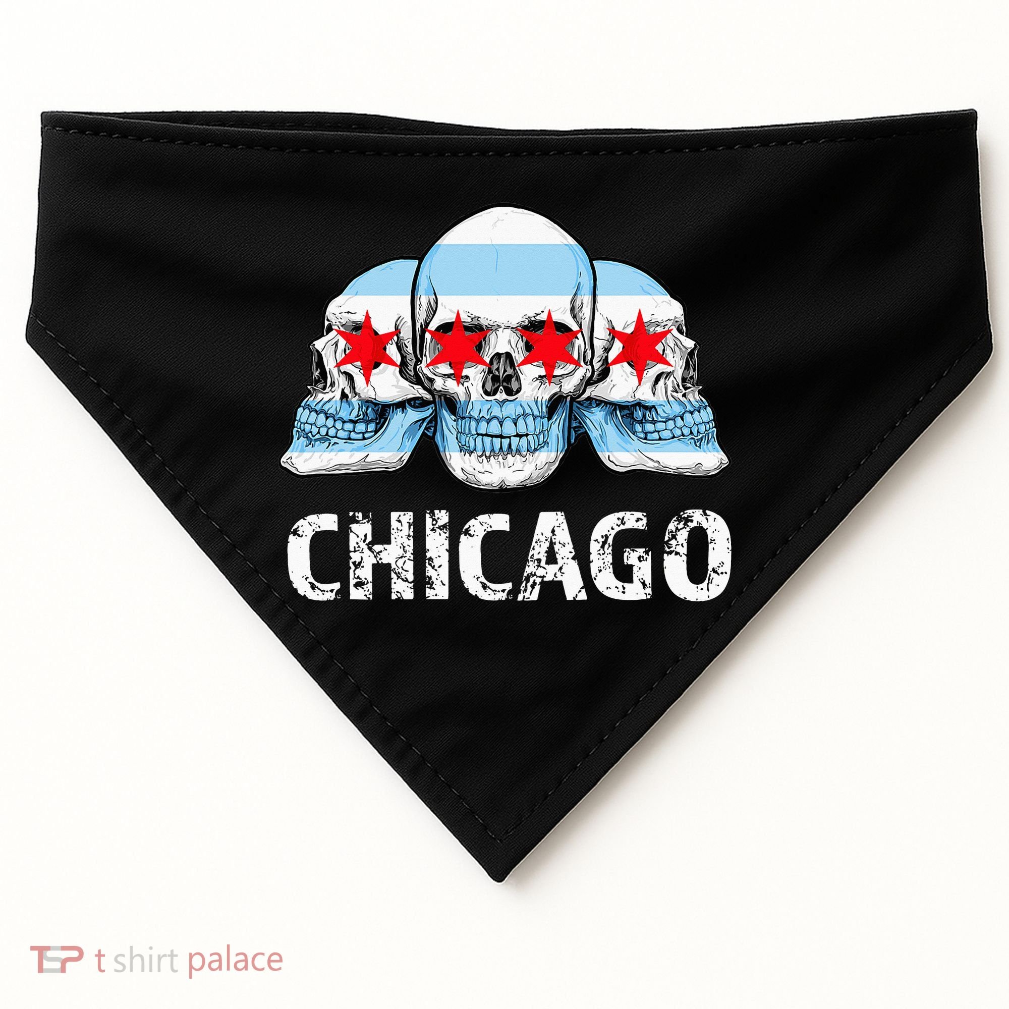 Chicago for Chicago Flag Artwork with Skulls USA-Made Doggie Bandana