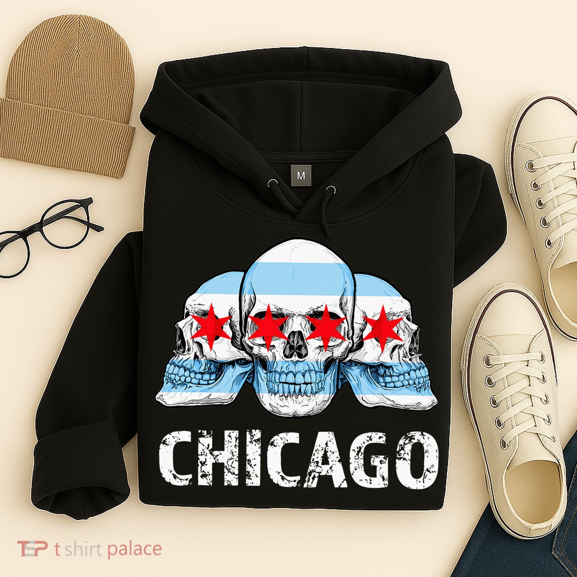 Chicago for Chicago Flag Artwork with Skulls Hoodie