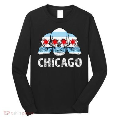 Chicago for Chicago Flag Artwork with Skulls Long Sleeve Shirt