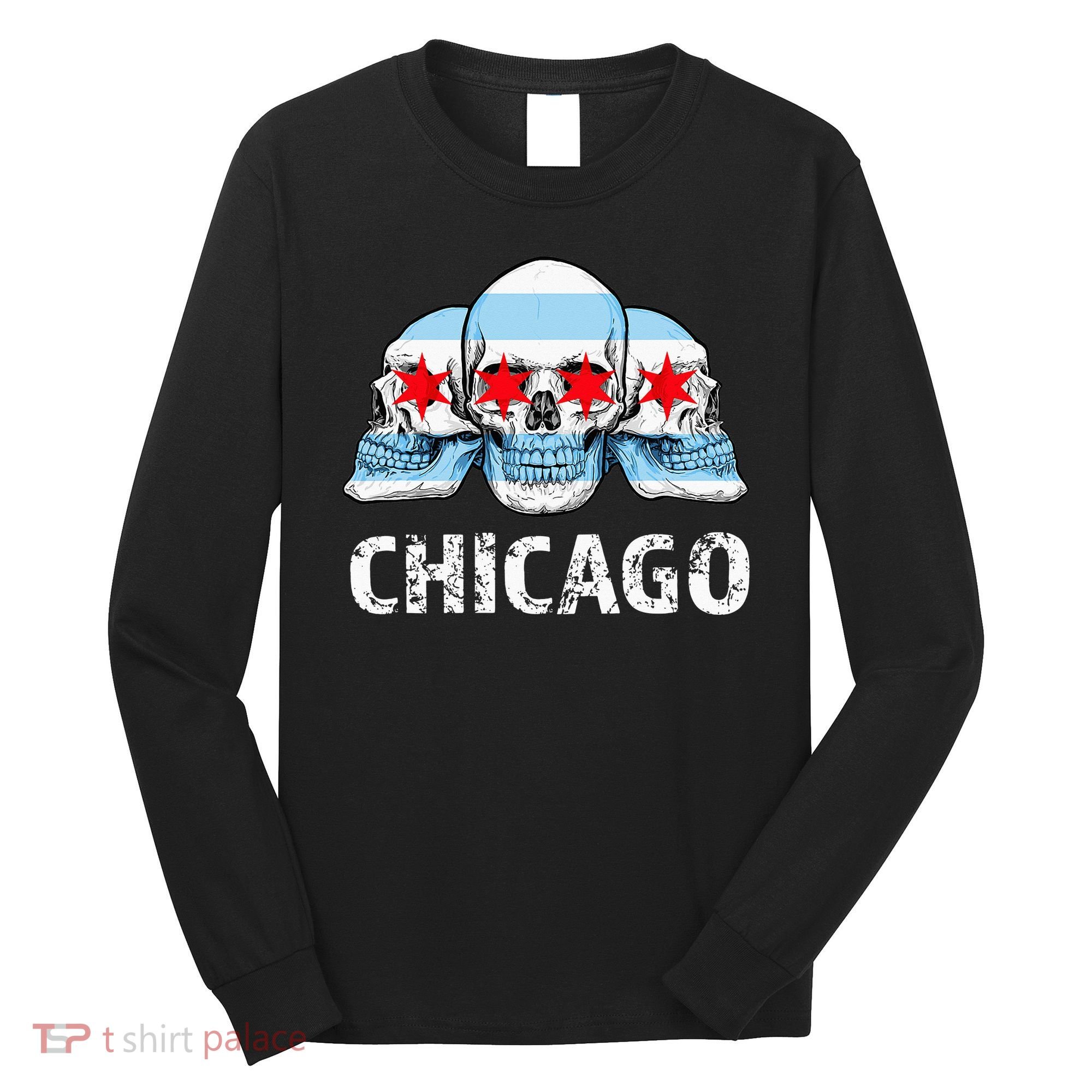 Chicago for Chicago Flag Artwork with Skulls Long Sleeve Shirt