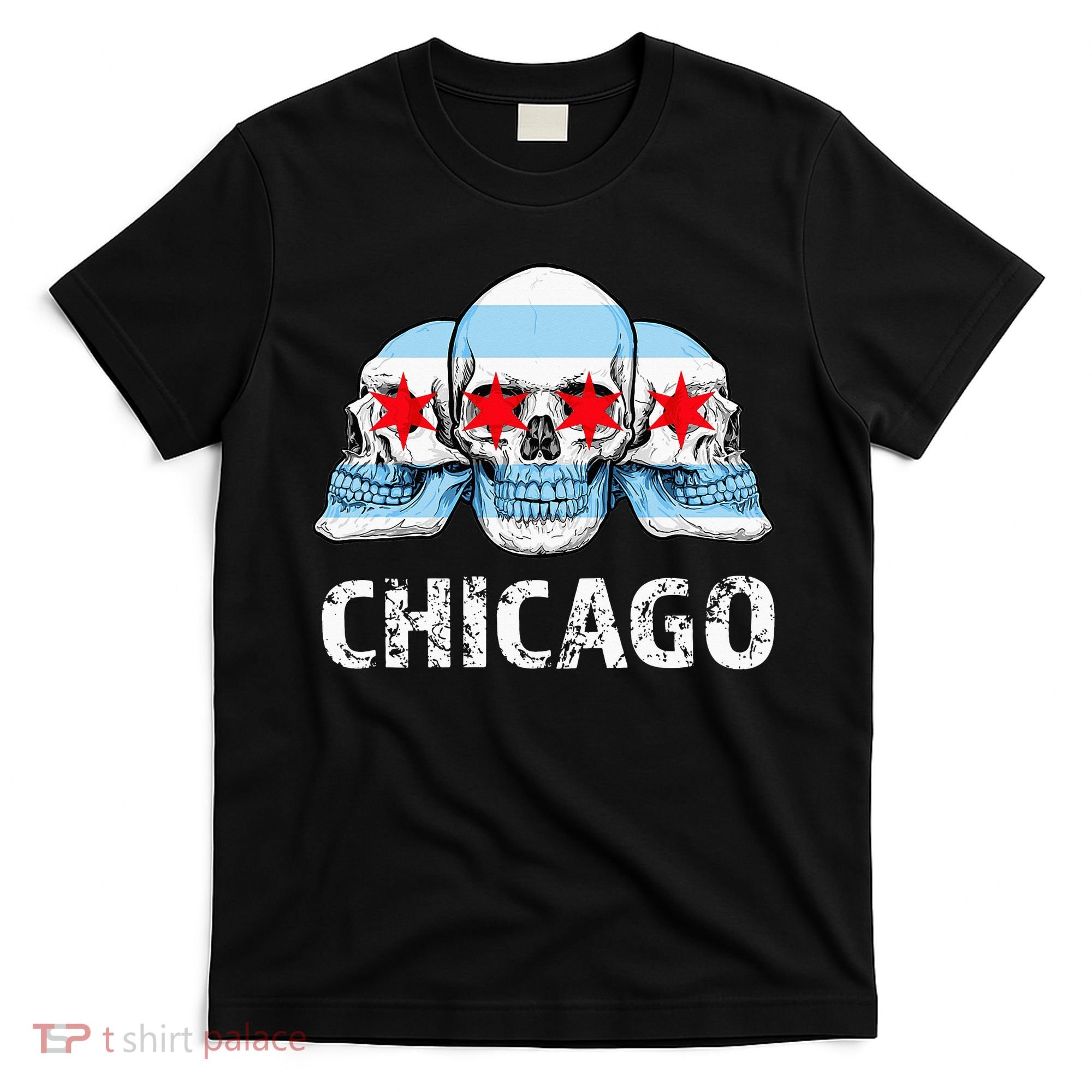 Chicago for Chicago Flag Artwork with Skulls T-Shirt