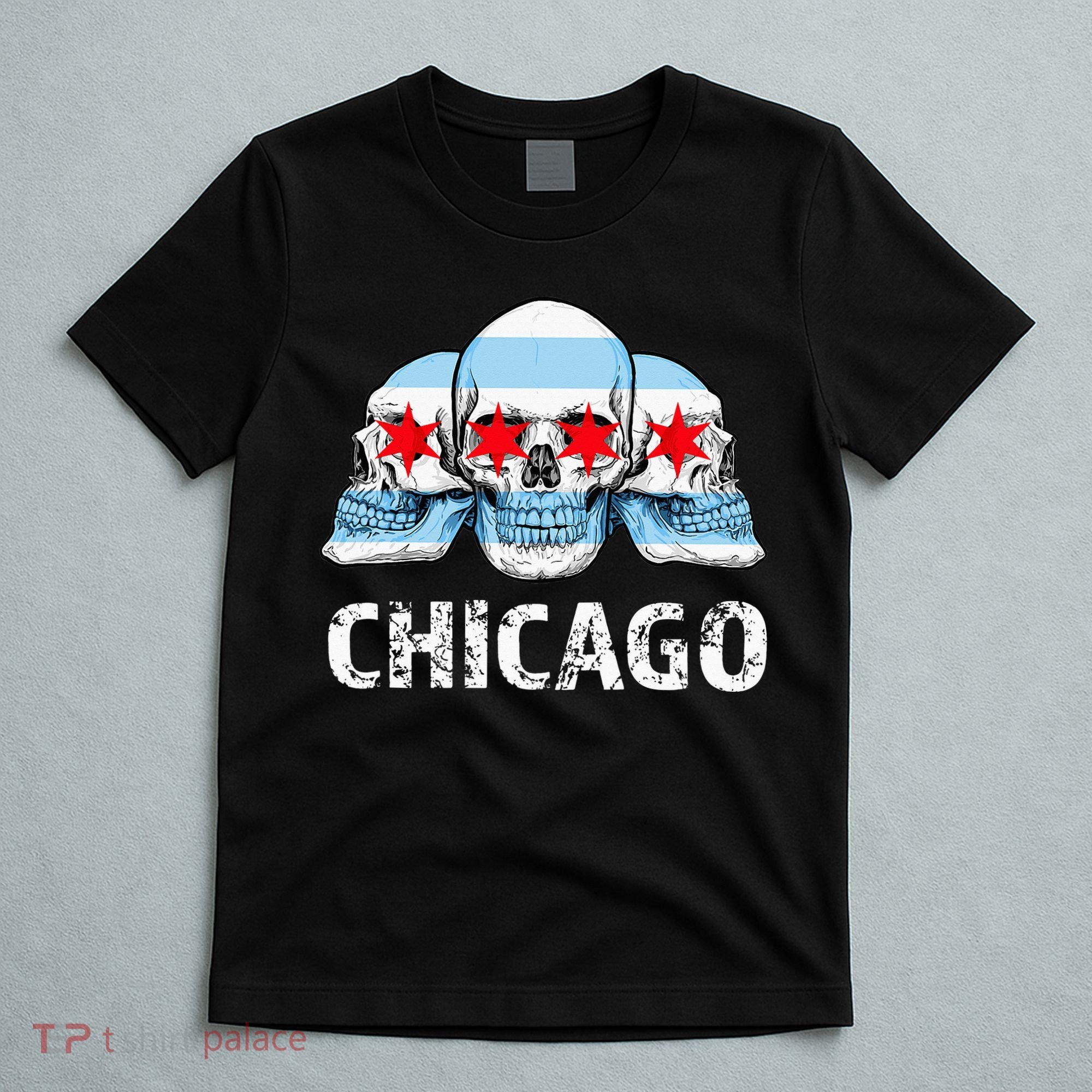 Chicago for Chicago Flag Artwork with Skulls T-Shirt