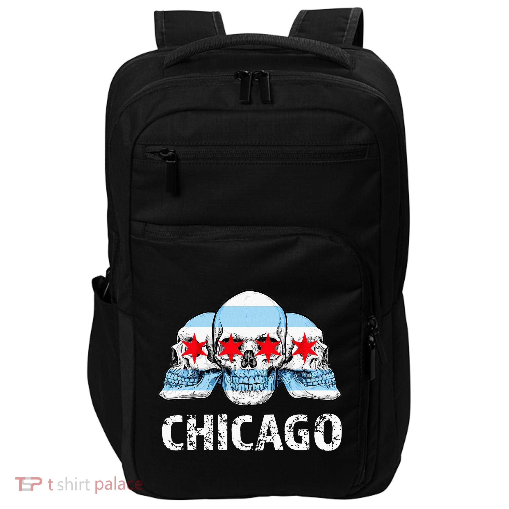 Chicago for Chicago Flag Artwork with Skulls Impact Tech Backpack