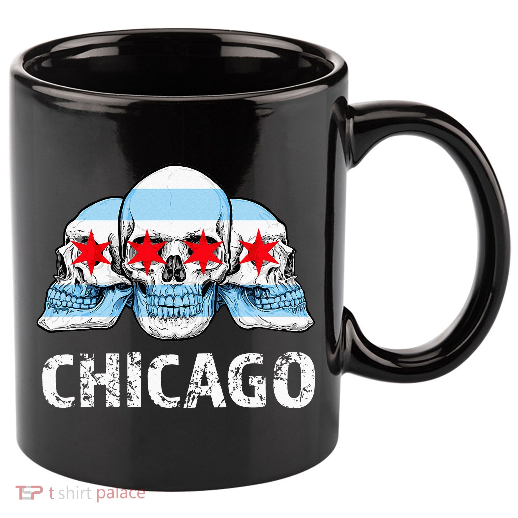 Chicago for Chicago Flag Artwork with Skulls 11oz C Handle Ceramic Mug
