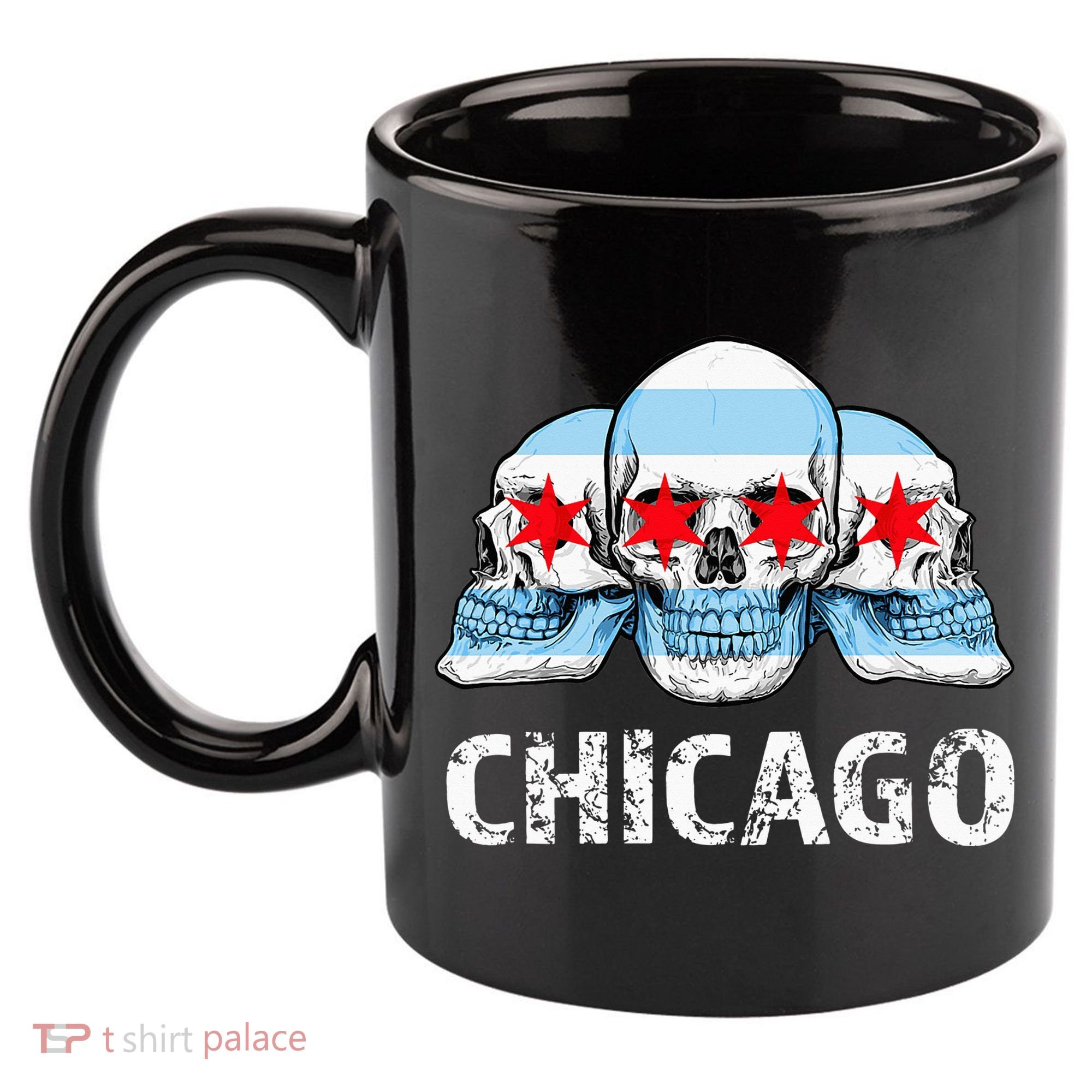 Chicago for Chicago Flag Artwork with Skulls 11oz C Handle Ceramic Mug