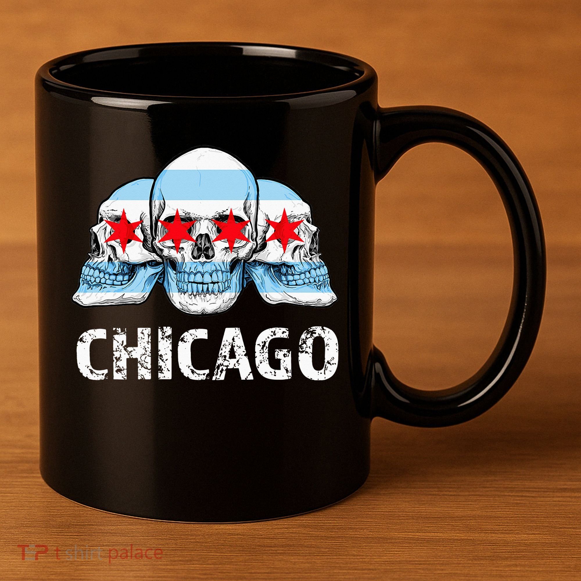 Chicago for Chicago Flag Artwork with Skulls 11oz C Handle Ceramic Mug