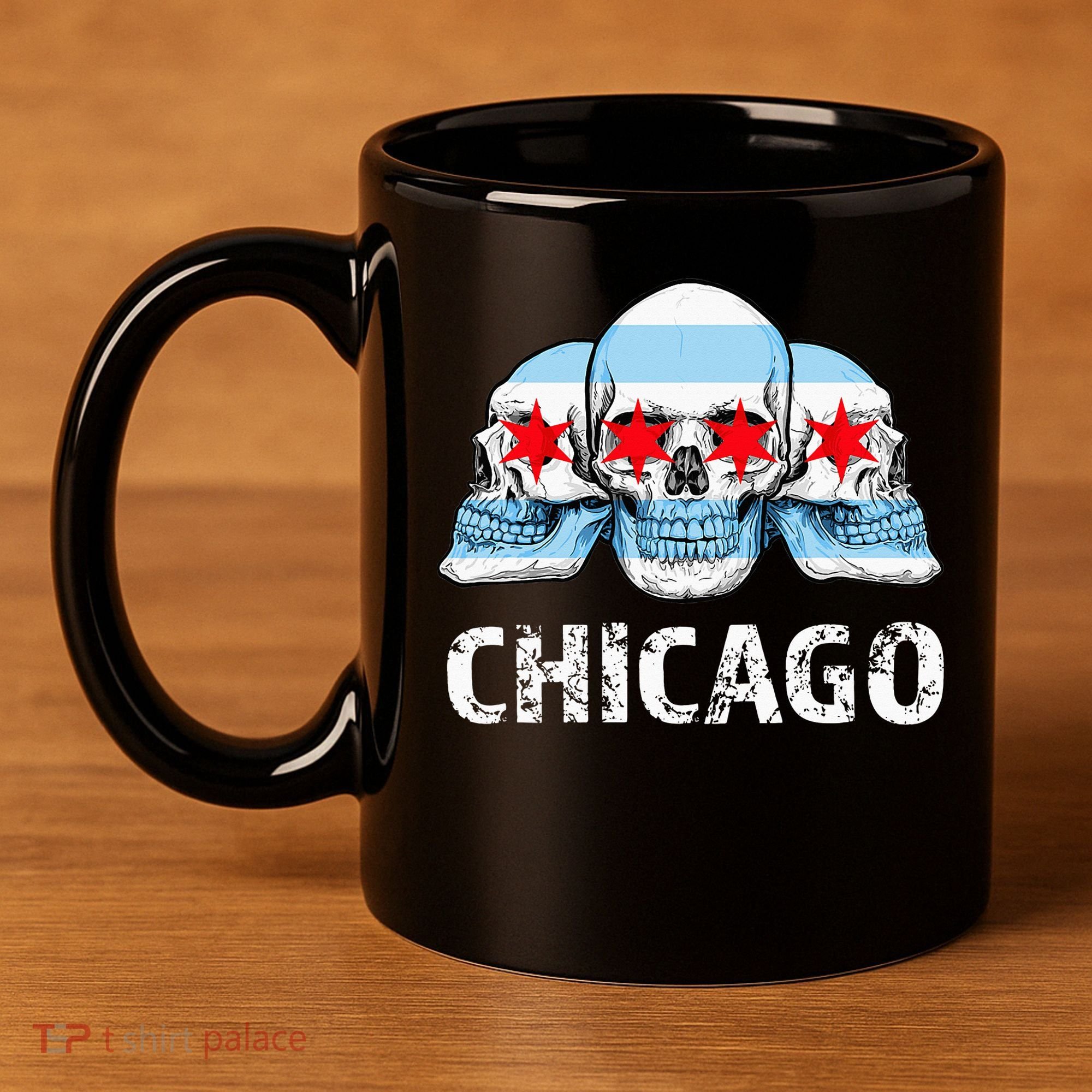 Chicago for Chicago Flag Artwork with Skulls 11oz C Handle Ceramic Mug