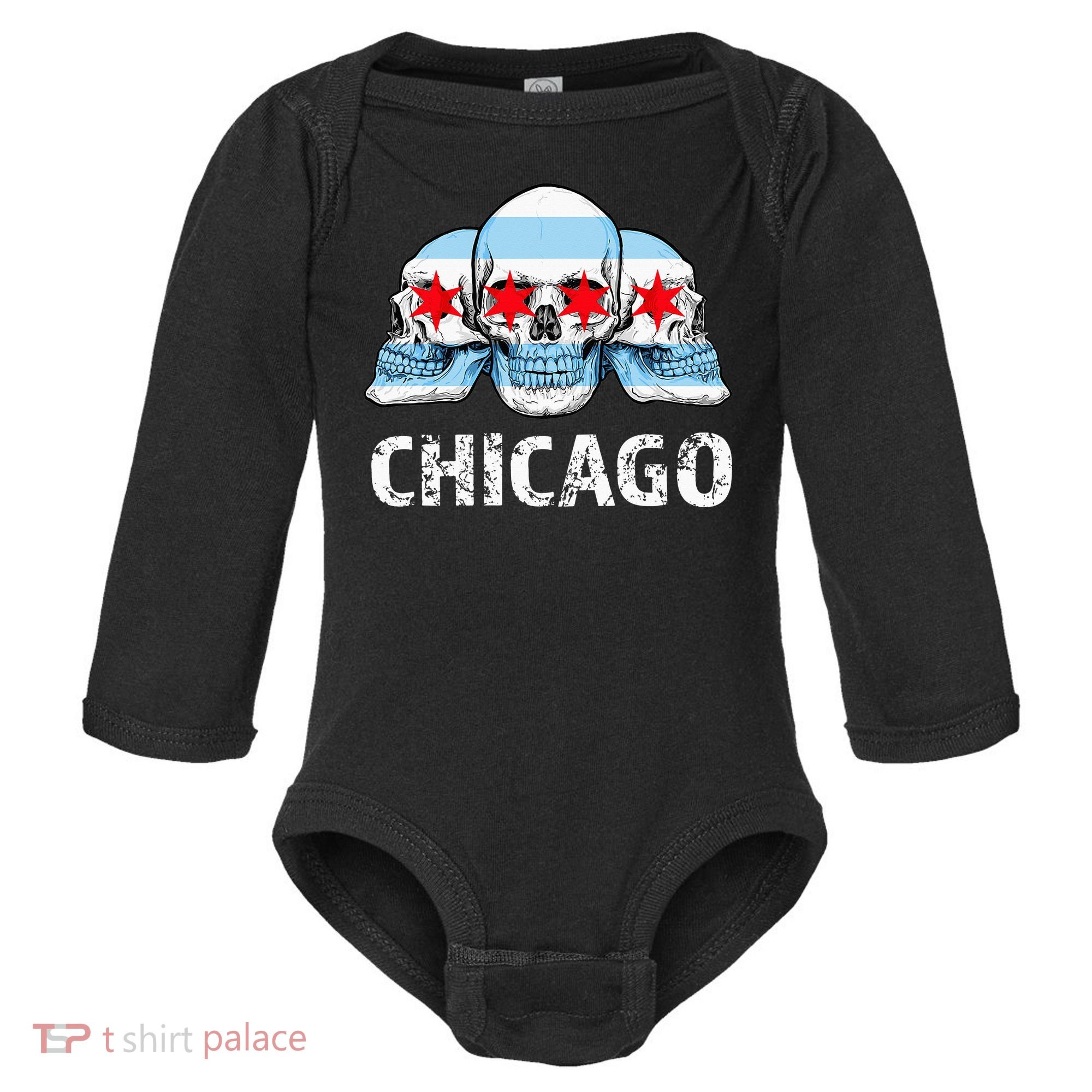 Chicago for Chicago Flag Artwork with Skulls Baby Long Sleeve Bodysuit