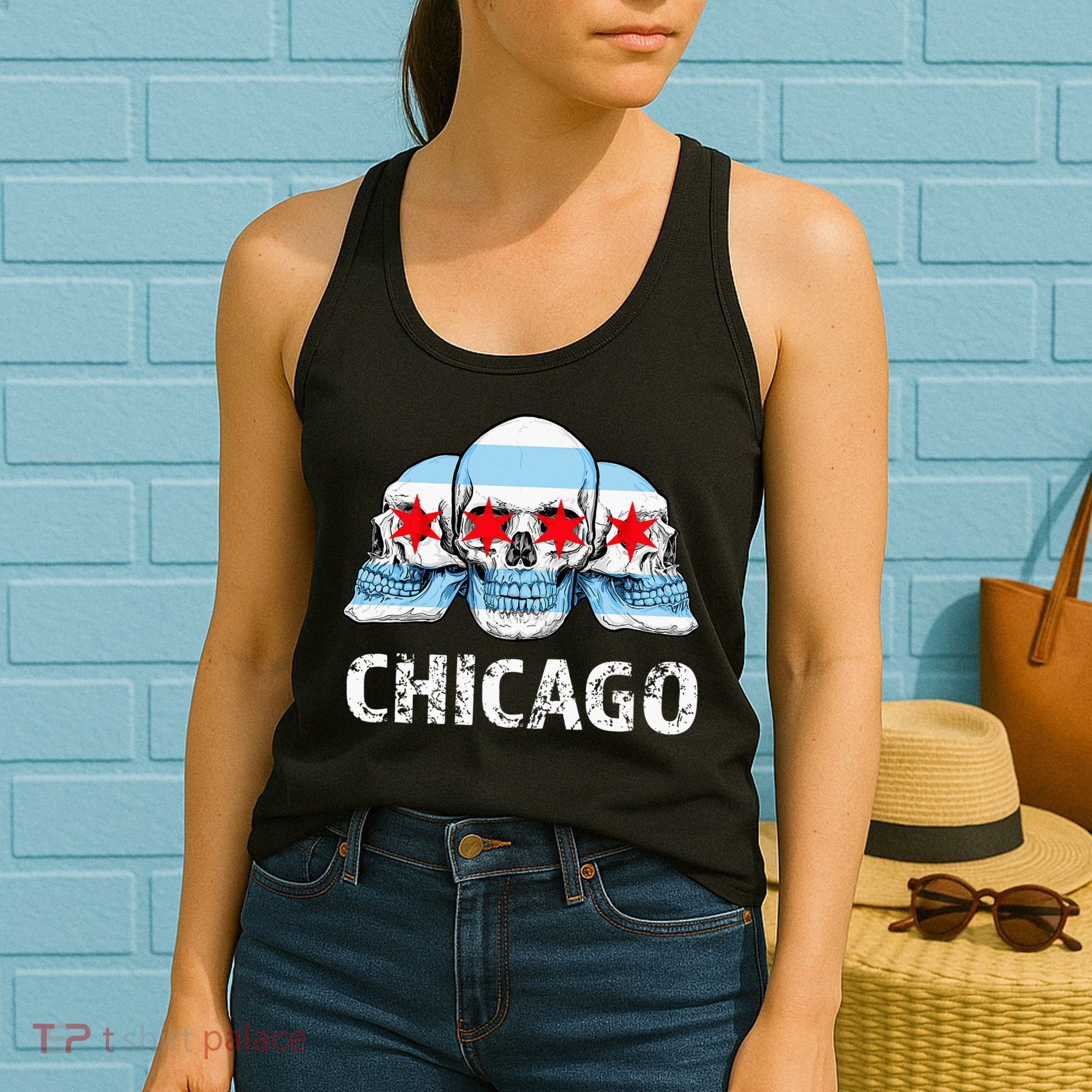 Chicago for Chicago Flag Artwork with Skulls Women's Tank Top