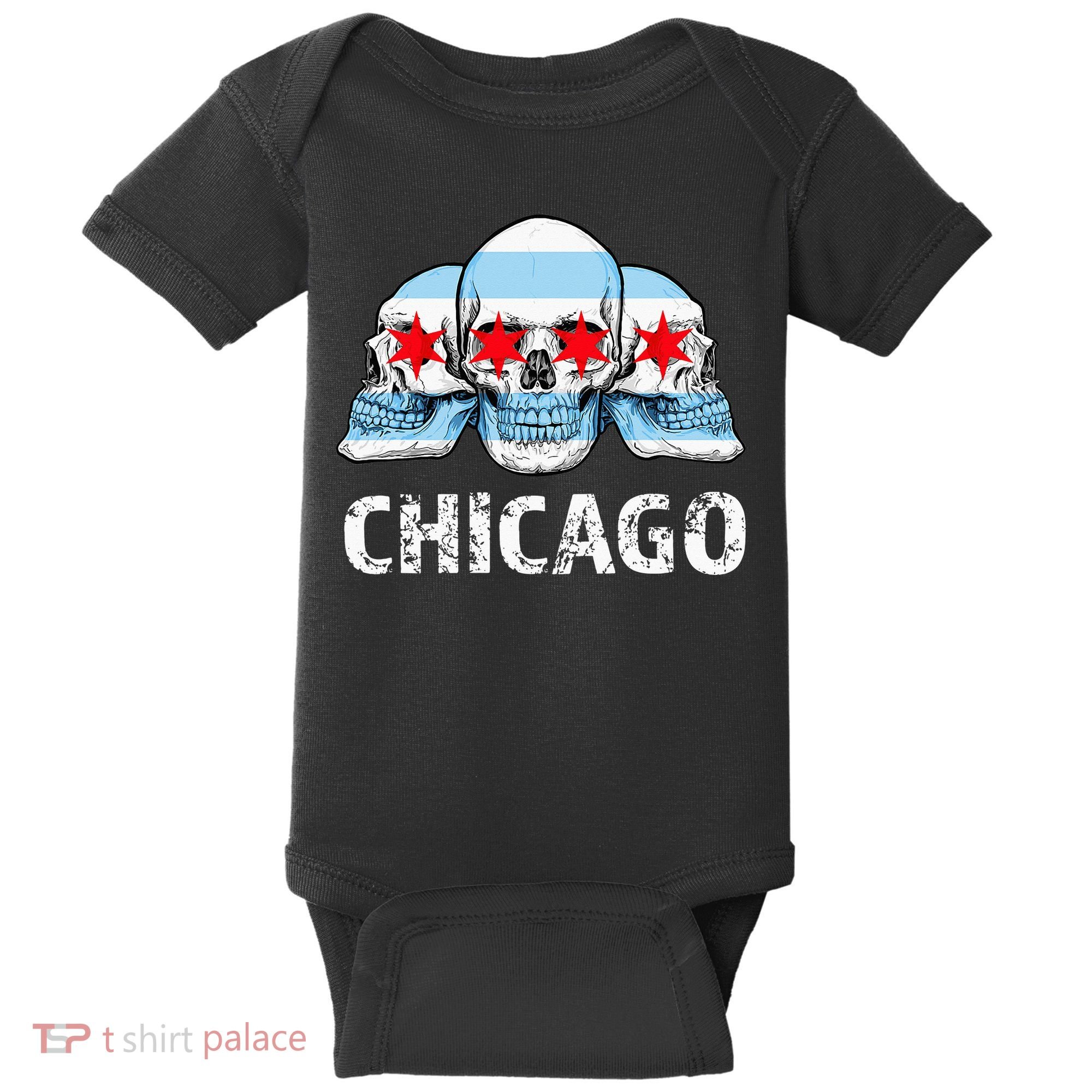Chicago for Chicago Flag Artwork with Skulls Baby Bodysuit