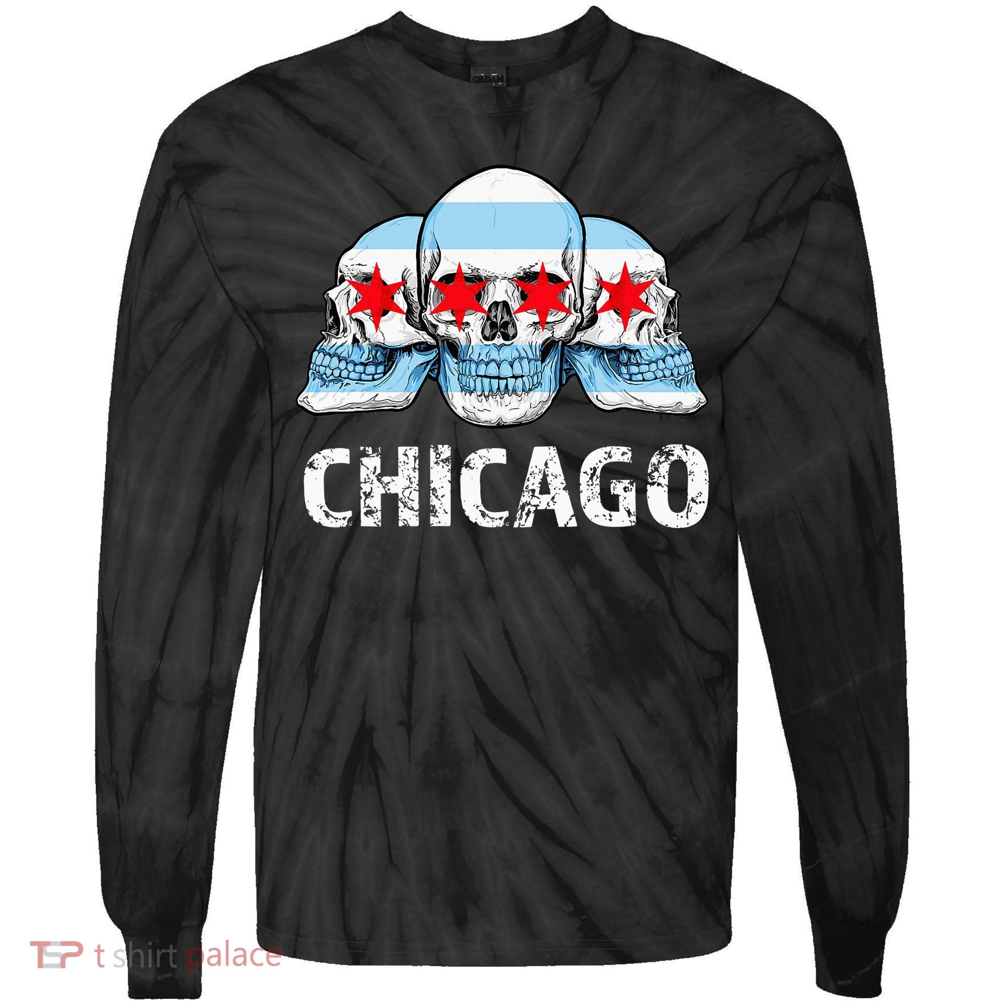 Chicago for Chicago Flag Artwork with Skulls Tie-Dye Long Sleeve Shirt