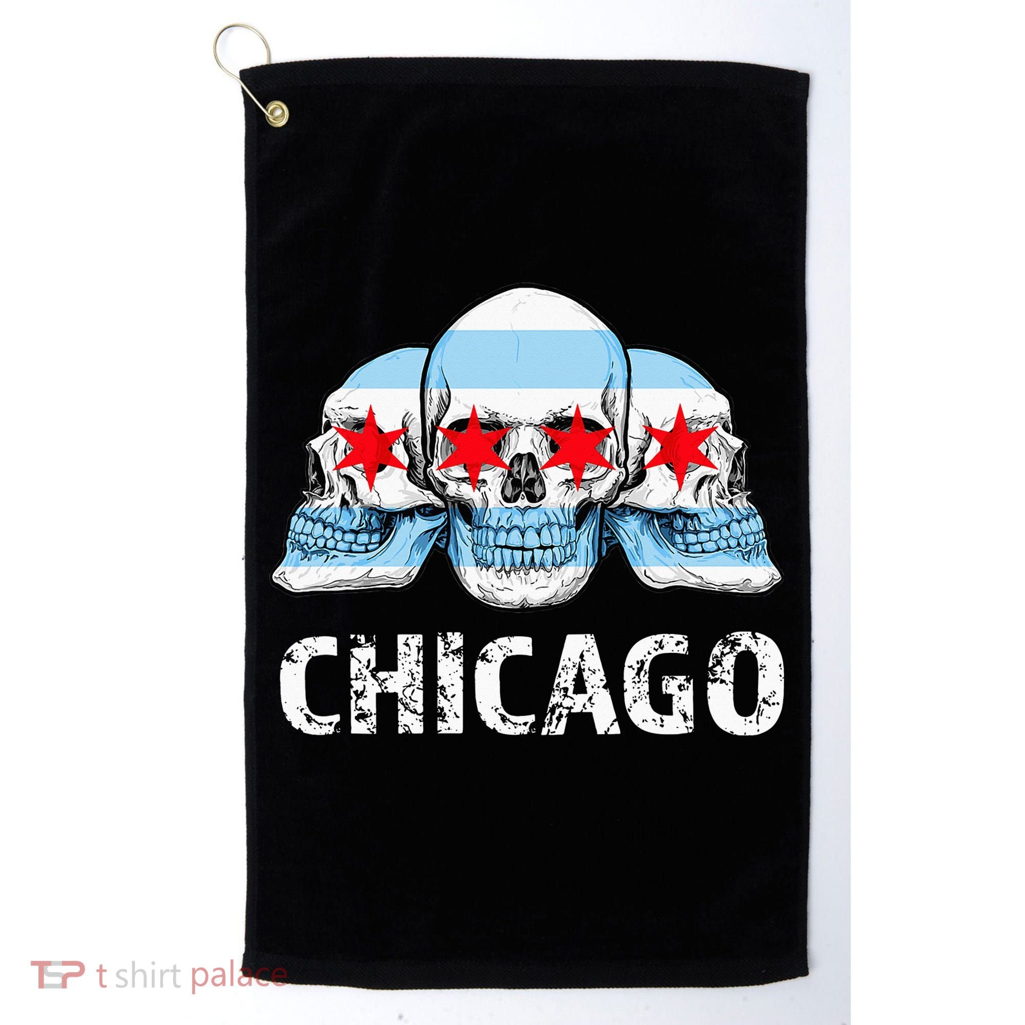 Chicago for Chicago Flag Artwork with Skulls Golf Towel