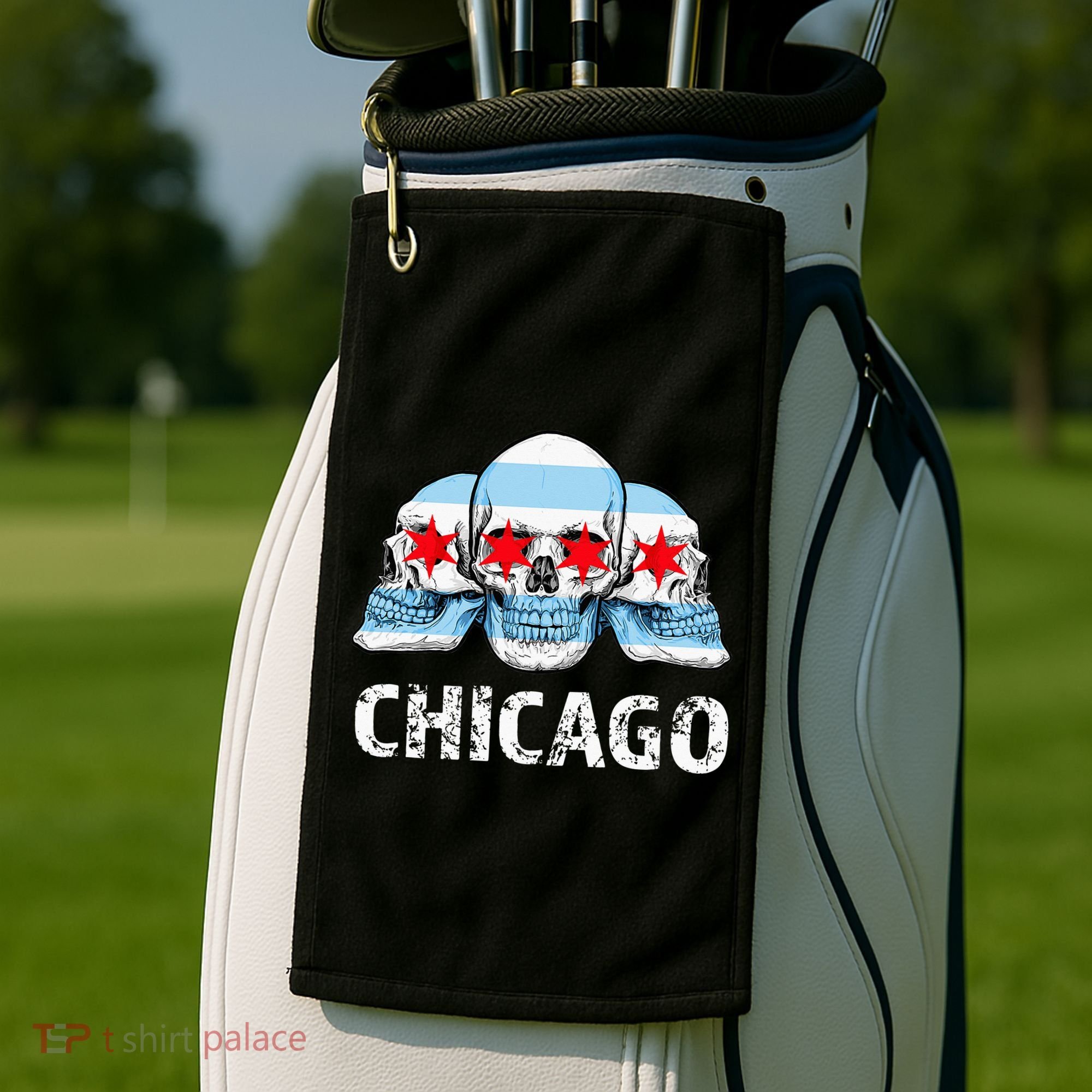 Chicago for Chicago Flag Artwork with Skulls Golf Towel