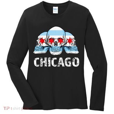 Chicago for Chicago Flag Artwork with Skulls Women's Long Sleeve Shirt