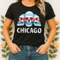 Chicago for Chicago Flag Artwork with Skulls Women's T-Shirt thumb 2