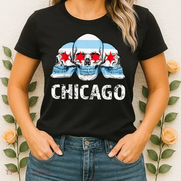 Chicago for Chicago Flag Artwork with Skulls Women's T-Shirt