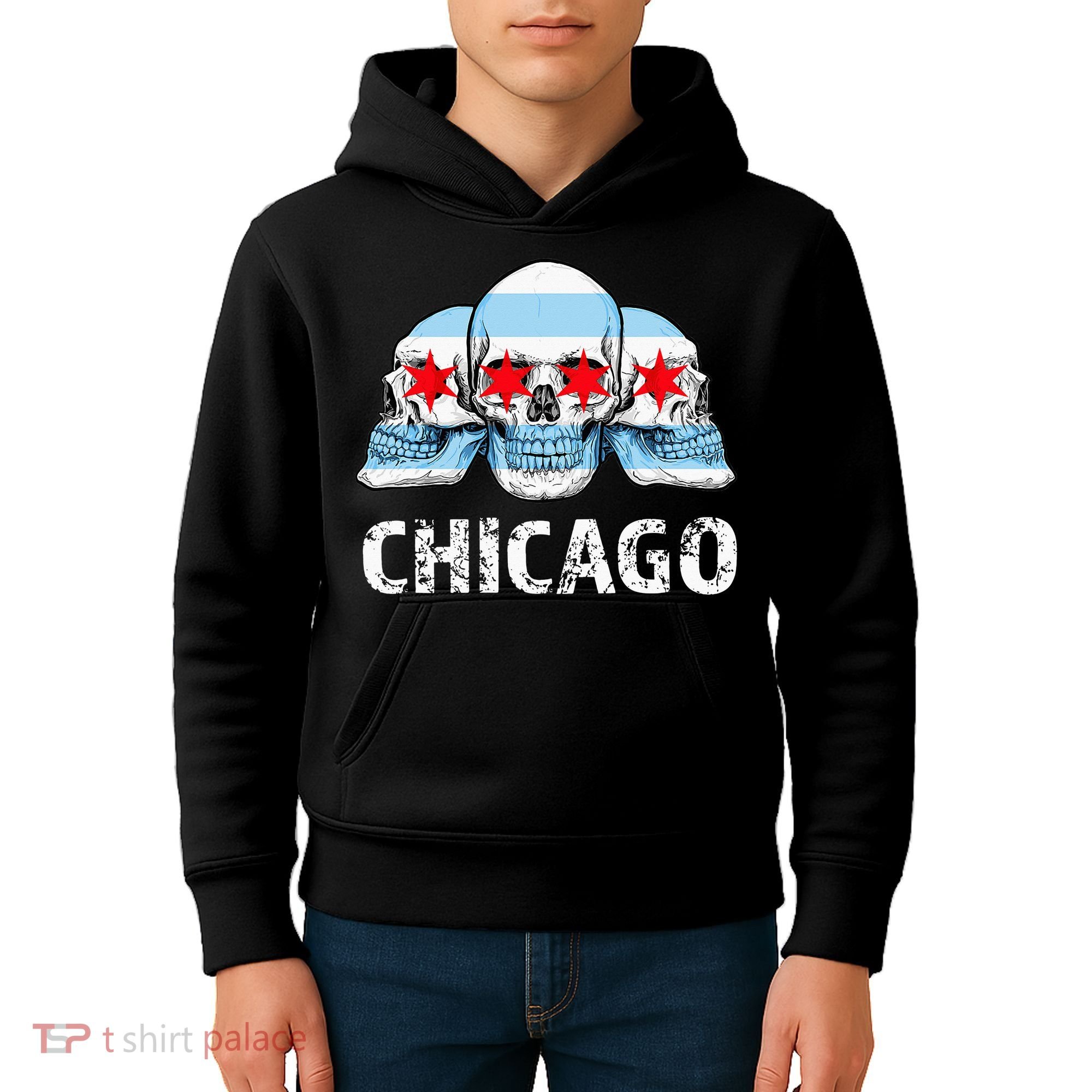 Chicago for Chicago Flag Artwork with Skulls Kids Hoodie