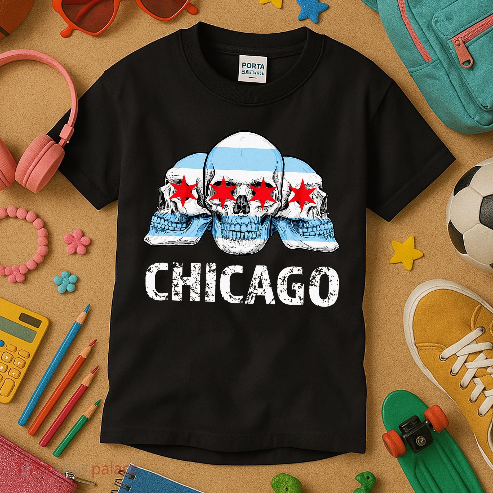 Chicago for Chicago Flag Artwork with Skulls Kids T-Shirt