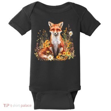 Cute Fox Cottage Core Aesthetic Flowers Graphic  Baby Bodysuit