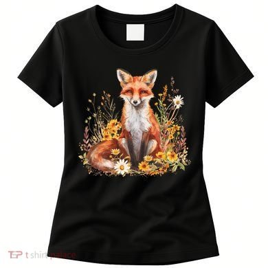 Cute Fox Cottage Core Aesthetic Flowers Graphic  Women's T-Shirt