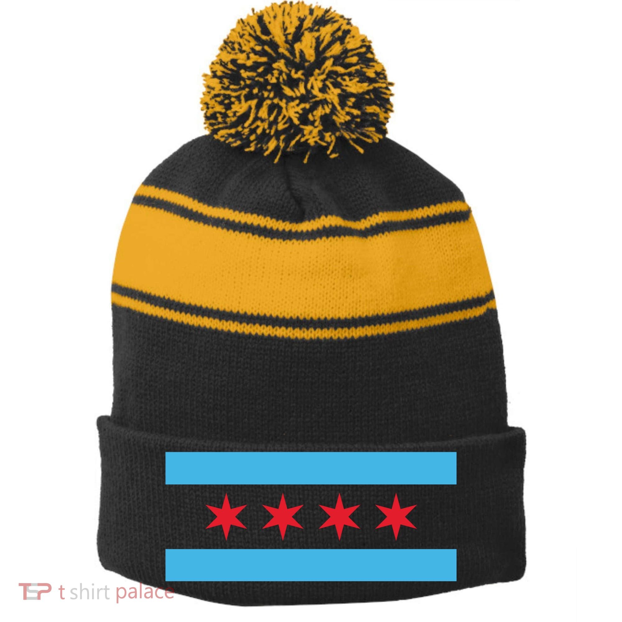 Chicago Flag Stripe Pom Pom Beanie