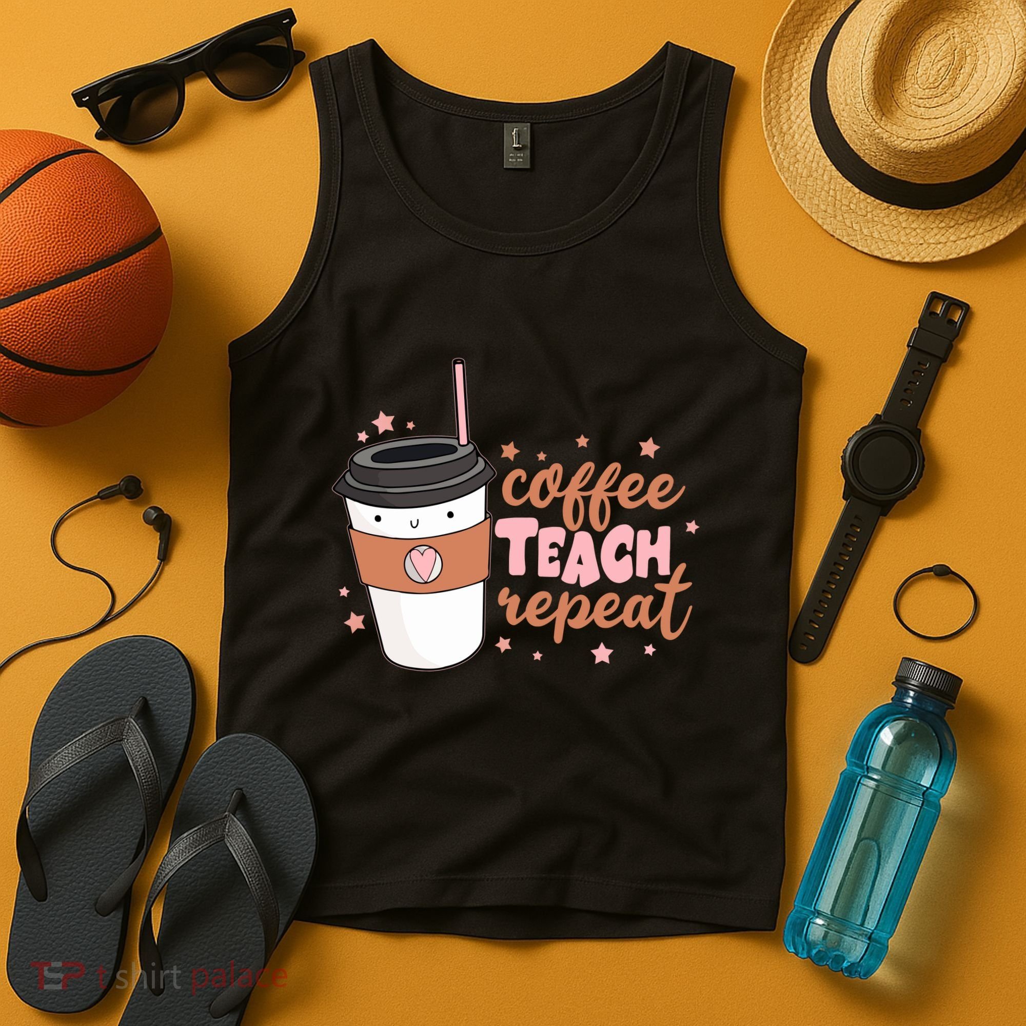 Cute Funny Coffee Teach Repeat Teacher Life Coffee Lover Tank Top