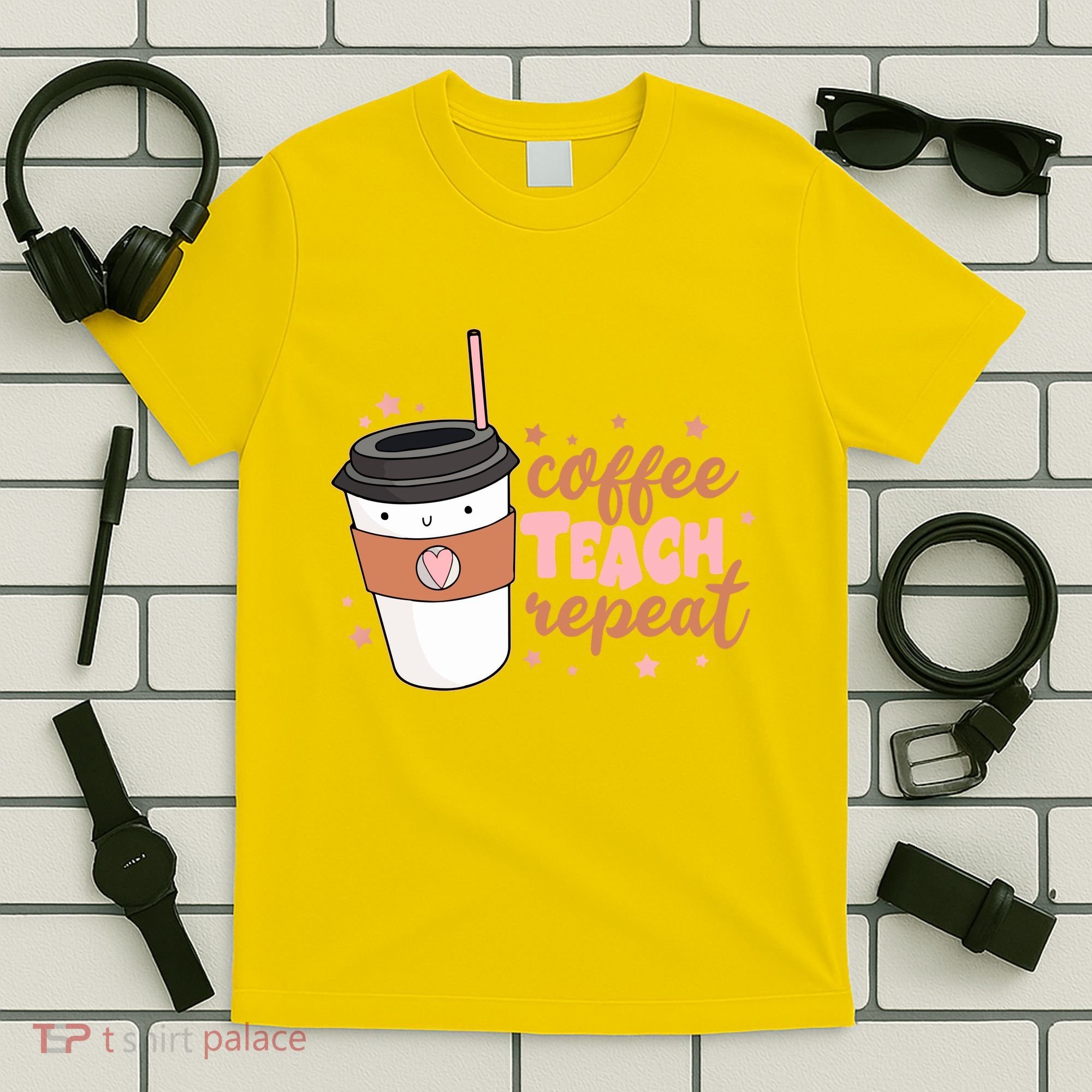 Cute Funny Coffee Teach Repeat Teacher Life Coffee Lover T-Shirt